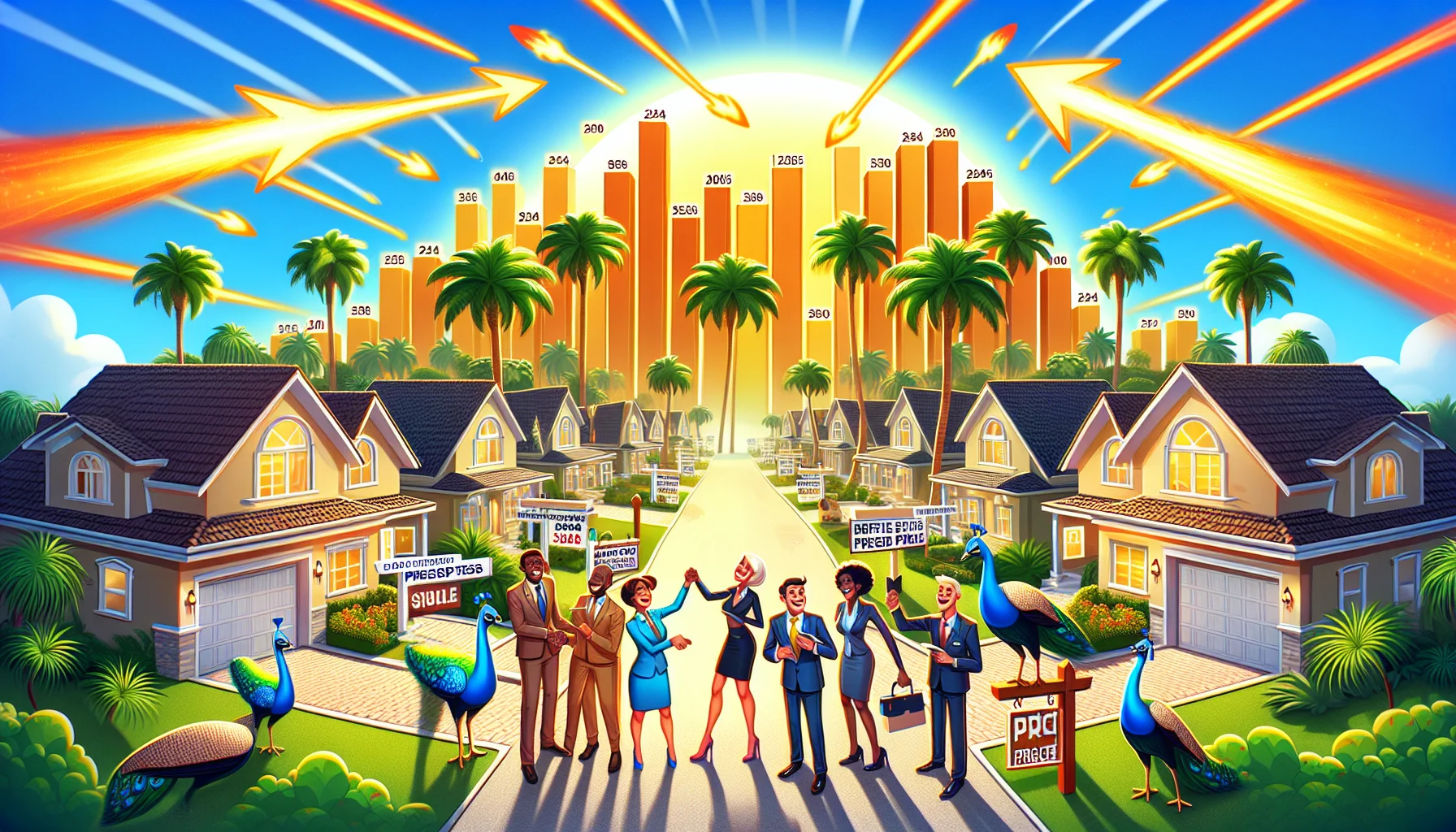 Visualize an optimistically humorous depiction of the Florida housing market predictions for 2024. A perfect real estate world is portrayed with intricately priced houses on palm-tree lined streets glowing under the radiant sunshine. Real estate agents, of all genders and descents like Hispanic, Black, Caucasian, and South Asian, sharing bright smiles and shaking hands with delighted customers. Housing prices are humorously low, displayed on comically oversized price tags hanging from the homes. Giant peacocks roam freely, symbolizing prosperity and wealth. Include bar graphs and charts shooting off like rockets, displaying the potential growth and perfect scenario of the market.