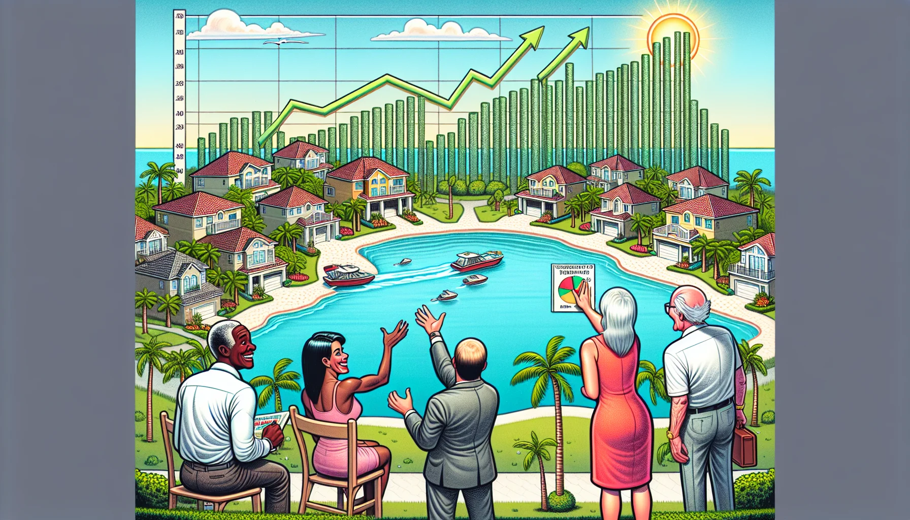 A humorous and strangely optimistic visualization of the Florida real estate market in the next five years. The scenario is perfect regarding real estate: Homes are appreciating at an unprecedented pace, and investors are delightfully surprised. The residential neighborhoods are pristine waterfront properties with well-manicured lawns and palm trees lined perfectly. A chart on the corner of the image shows statistics skyrocketing, and the weather is sunny and perfect as always. A few people of diverse descents - a Black woman, Hispanic man, Caucasian elderly couple - are seen cheerfully discussing their investments in this prosperous landscape.