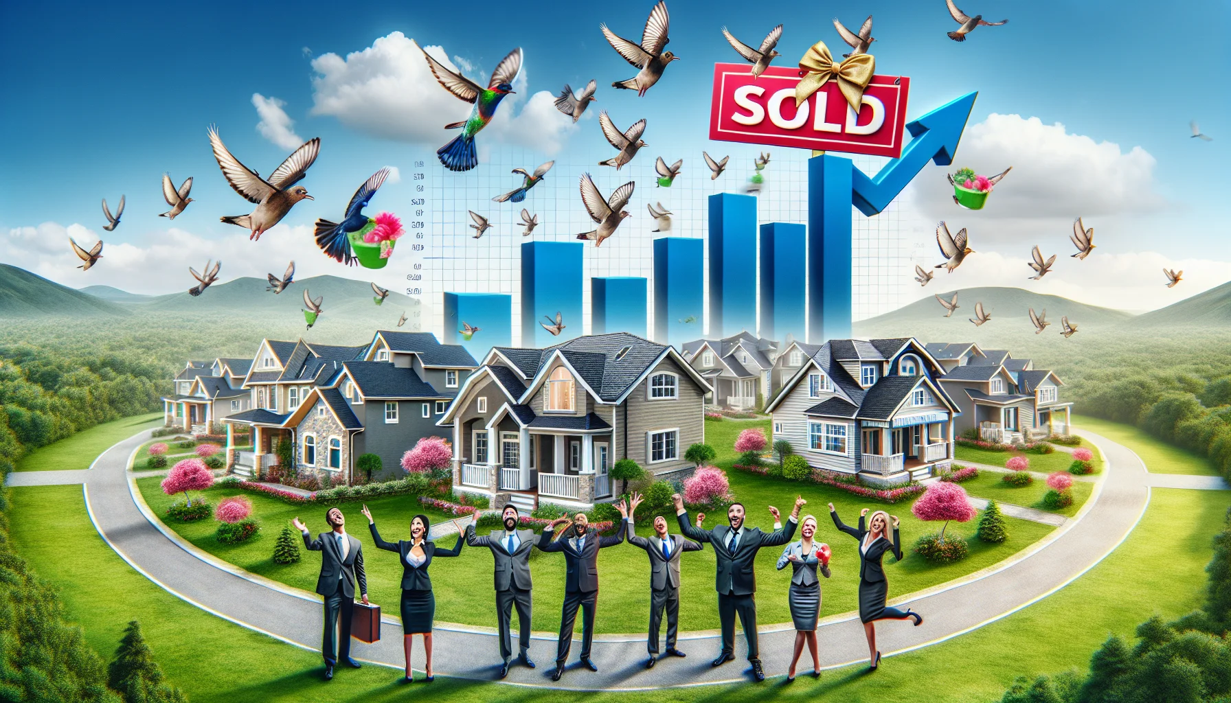 Create a humorous, ultra-realistic image where everything is just perfect in the world of real-estate. Picture an idyllic setting with pristine houses all in a row, manicured lawns, clear skies, and a big 'sold' sign with a bow on it in front of every house. Real-estate agents, a mix of men and women of various descents - Caucasian, Hispanic, Black, Middle-Eastern, South Asian, are celebrating their success with a giant animated chart showing soaring property values. Somehow, even the birds are chirping in a pattern that spells out 'real-estate boom'.