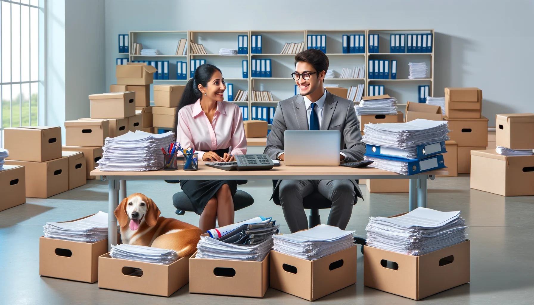 Create a humorous, reality-based image where the forms and contracts necessary for real estate transactions are being handled in the most ideal and efficient scenario. Picture a perfectly organized office without any clutter and boxes filled with sorted documents. A Caucasian woman and a South Asian man, both dressed professionally, could be present, cheerfully-conversing and working together at a large neat desk. On the desk, advanced technological gadgets could be seen helping them manage the paperwork. Maybe a pet like a small dog could be seen napping peacefully in a corner, adding a light-hearted element to the scene.