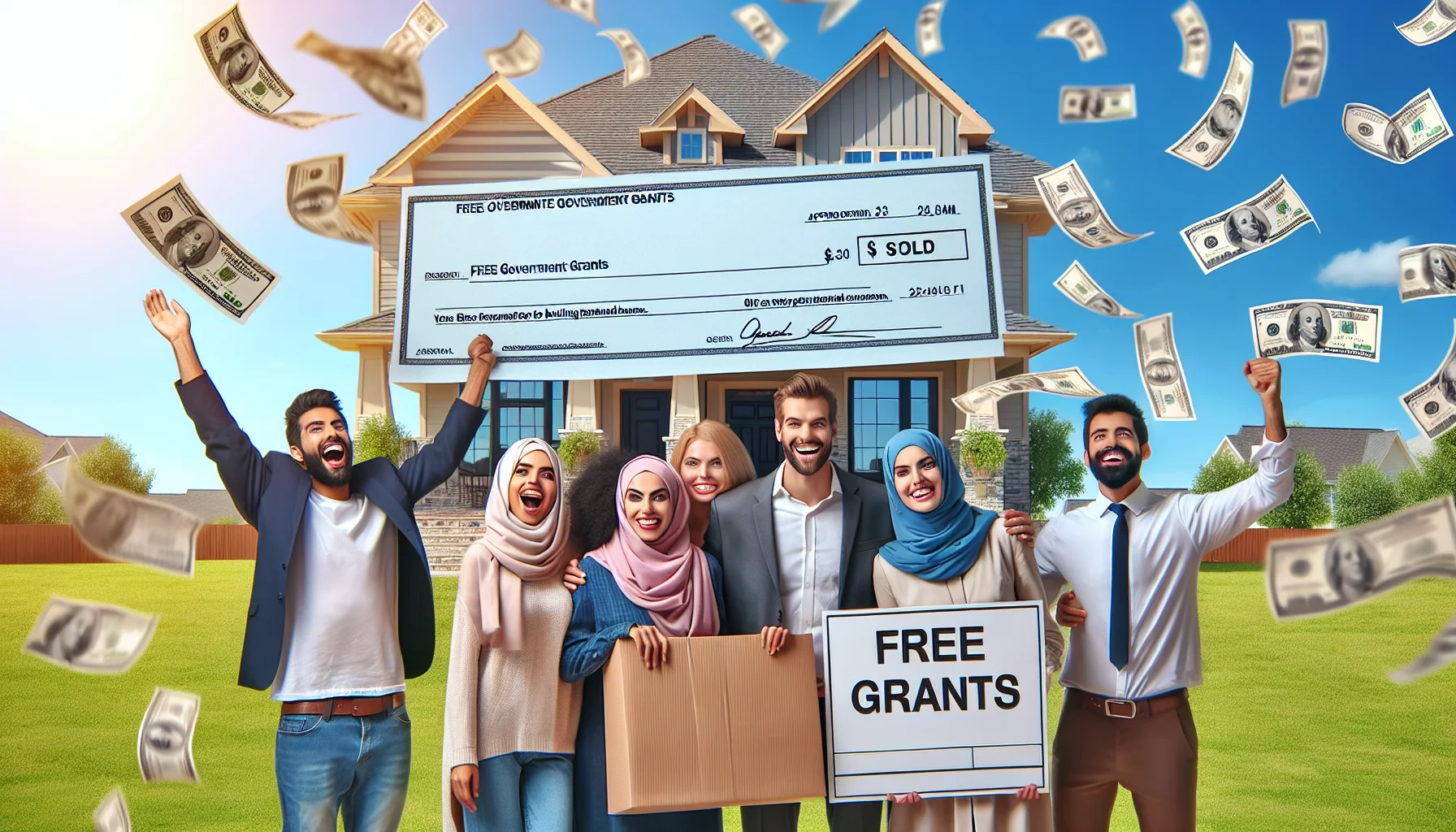 Imagine a jovial scene displaying a perfect scenario in real estate. Picture a diverse range of people, including a Middle-Eastern woman and a Caucasian man, standing on a lush green lawn outside a newly-constructed house. They're holding giant checks, symbolizing free government grants for building houses. Their faces are beaming with pure joy. In the background, paperwork of approved grants is haphazardly flying in the air, representing easy approval. The house stands beautifully with fine architectural details, symbolizing quality construction, nestled against a bright sunny sky. A 'Sold' sign sits proudly on the front lawn.