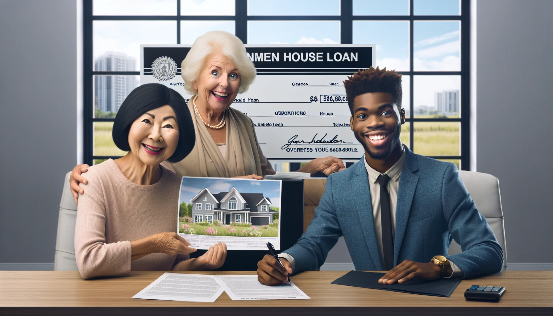 Generate a humorous and realistic image of a perfect scenario involving government house loans. Picture this: A middle-aged Asian woman and a young Black man, both dressed in professional attire, excitedly signing documents in a brightly lit room. On the table, you can see the blueprints of an idyllic suburban home. Across the table, a happily smiling, elderly Caucasian woman, is handing over a large symbolic cheque labeled 'Government House Loan'. In the background, a billboard illustrates a spectrum of houses with price tags significantly lower than market rates.