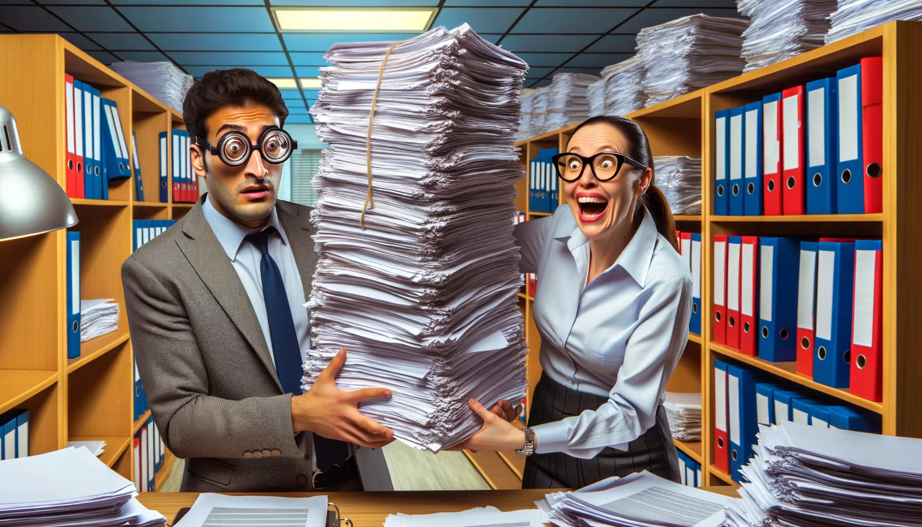 Create a humorously exaggerated scene showing a hardworking but somewhat confused individual of Hispanic descent receiving a voluminous stack of paperwork related to house building grants. The setting is a brightly lit, cluttered office space with stacks of binders and papers everywhere. The man, visibly shocked by the panoply of information, holds the paperwork precariously in his hands, while a chipper Caucasian female civil servant in a formal suit and quirky glasses is humorously enthusiastic about explaining each complex paperwork detail, pointing at the documents with a big grin on her face.