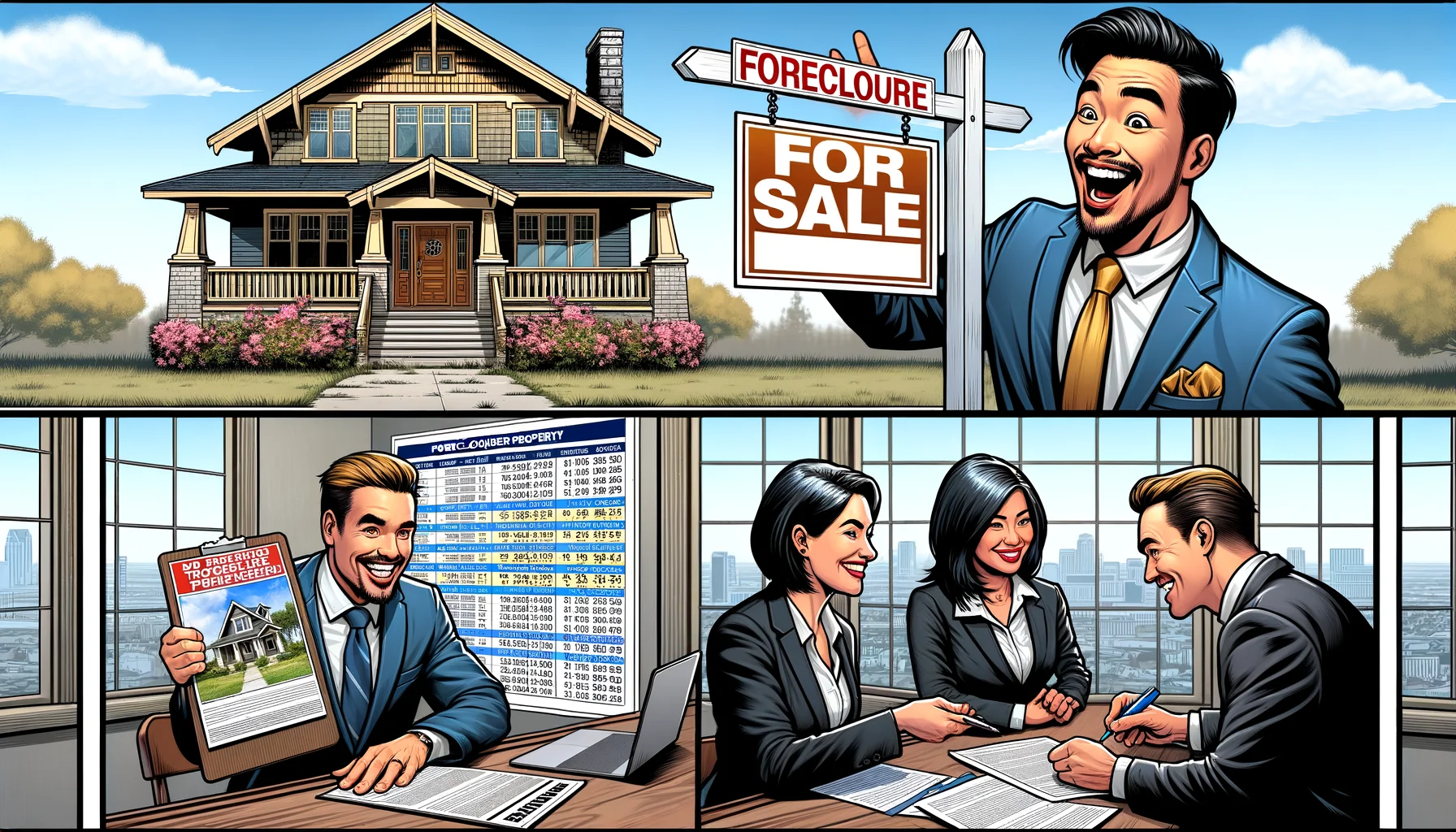 Generate a humorous and realistic image depicting a guide to buying a foreclosure property in a perfect scenario. Include the following scenes: 1) A potential buyer (an Asian man) with a broad smile, looking excited while finding an unanticipated 'For Sale' sign in front of a beautiful two-story, American craftsman style house, 2) A Latino woman real estate agent in a power suit showing the property, with spreadsheets in the background displaying the outstanding prices, 3) A satisfied buyer reviewing and signing the sales contract with a Caucasian male lawyer in a smart-casual attire. All the people are depicted in a lighthearted, joyous manner reflecting the positivity of the scenario.