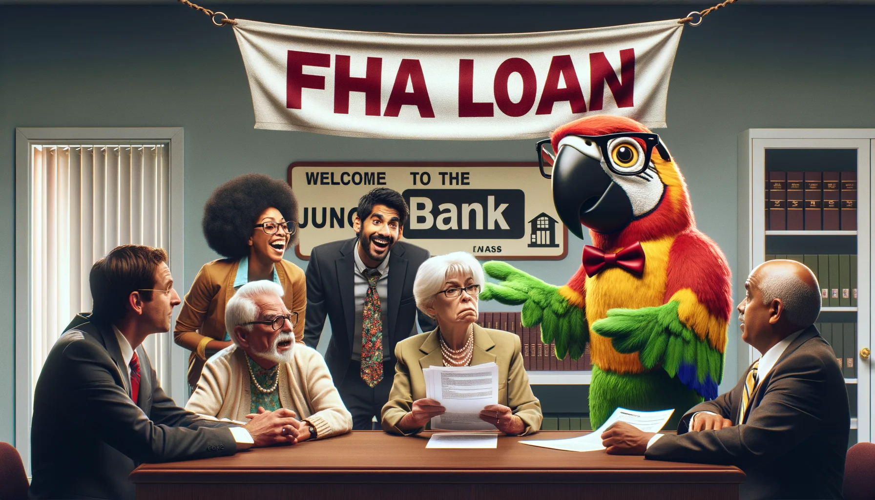 Create an amusing and realistic scene that humorously illustrates the concept of FHA loans. Imagine a setting in a bank where a sassy parrot mascot, wearing glasses and a necktie, is offering an oversized 'FHA LOAN' banner to a diverse clientele. The clients include an elderly Hispanic woman who looks confused but curious, a young black male who is laughing, and an overwhelmed South Asian couple clutching important documents. On the backdrop, a sign says 'Welcome to the Jungle of Loans' instead of 'Welcome to the Bank.'