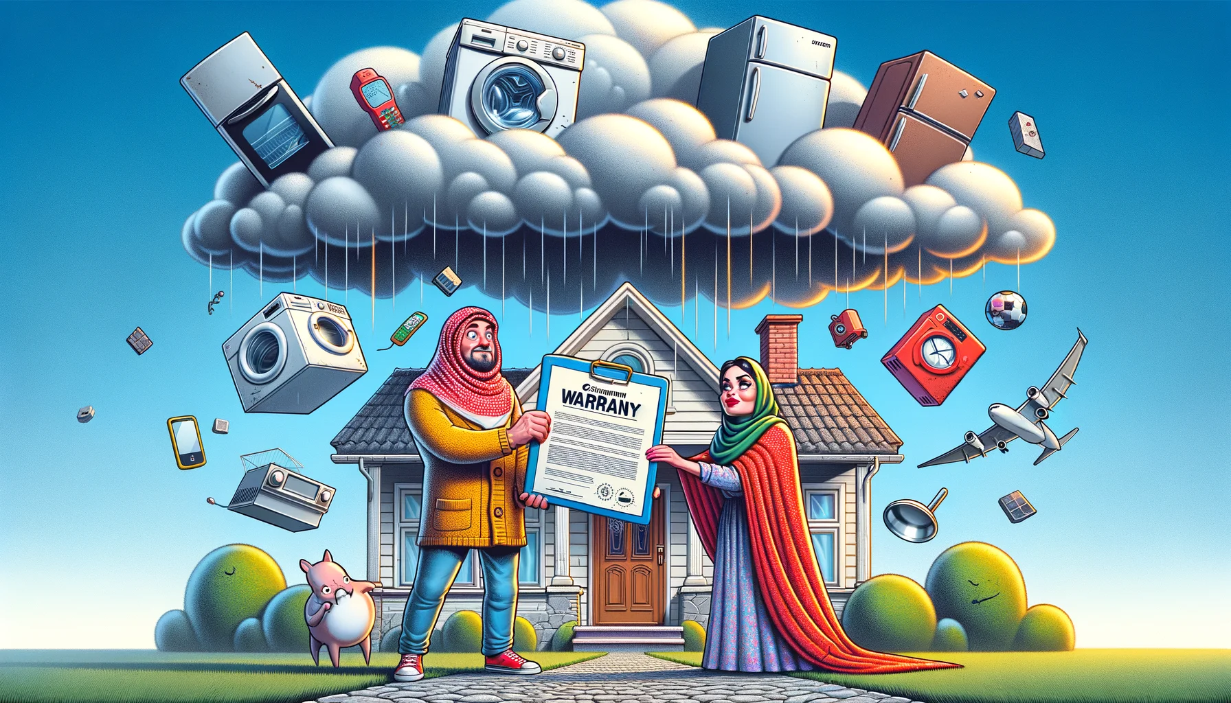 Create an image that humorously depicts the concept of home warranties. It's a traditional family home, with clouds shaped like broken appliances like a washing machine, refrigerator and air conditioner hovering above it. A couple consisting of a Caucasian man and Middle-Eastern woman, comically animated, hold out an oversized, brightly-colored warranty document as a shield to protect the house from the raining appliance parts. The scene should evoke humor with a cartoon-style exaggeration of emotions and situations, while also maintaining an element of truth about the unexpected and unpredictable nature of home repairs.