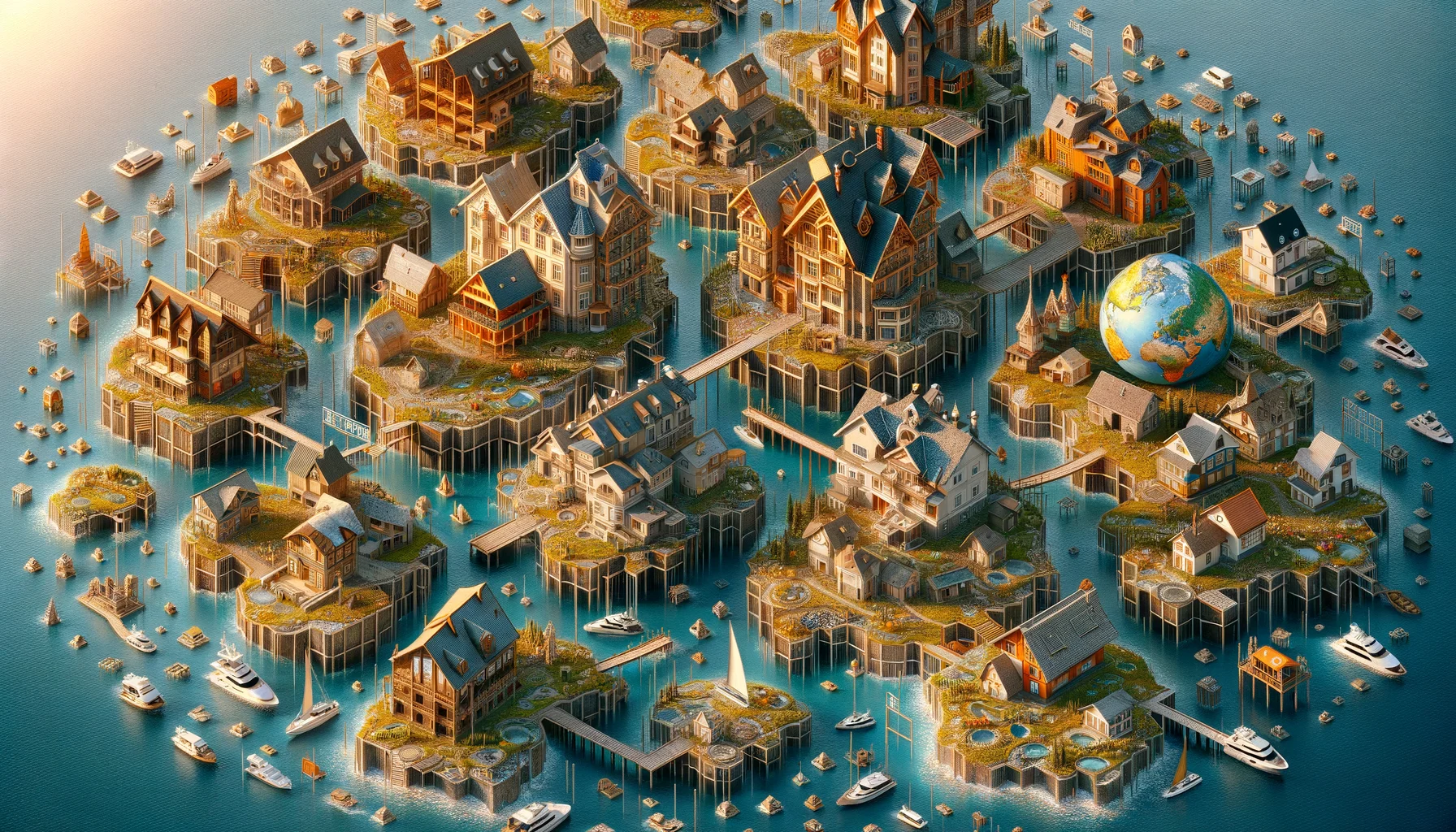 Generate a humorous, hyper-realistic image portraying the concept of home affordability by location in an optimal situation. Picture a large, beautifully designed world map as the central focus. The map is teeming with miniature detailed housing structures, ranging from cottages to skyscrapers, strategically placed in areas representative of the world's varying economic climates. The opulence or simplicity of the houses signals the affordability levels. Have some unexpected humorous elements like a floating house in the ocean or a skyscraper in the desert! The tones are bright and engaging, inviting easy interpretation of this complex issue.