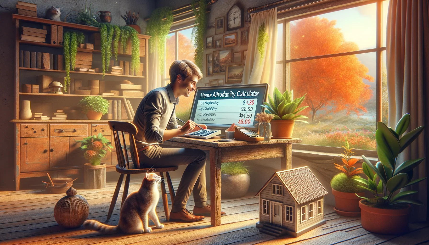 Generate a chucklesome, realistic illustration showing an idyllic situation of someone using a home affordability calculator. Heavy on whimsy, the scene consists of a young Caucasian male sitting at a rustic wooden desk, in a sunlit room abundant with house plants. On his screen, a home affordability calculator displays the most perfect results - full affordability for a dream house. Laced with humuor, a pet cat next to him, nonchalantly swipes its paw at a tiny house model kept next to the screen. Outside the window, a beautiful rush of autumn colors adds a magical touch to the scenario.