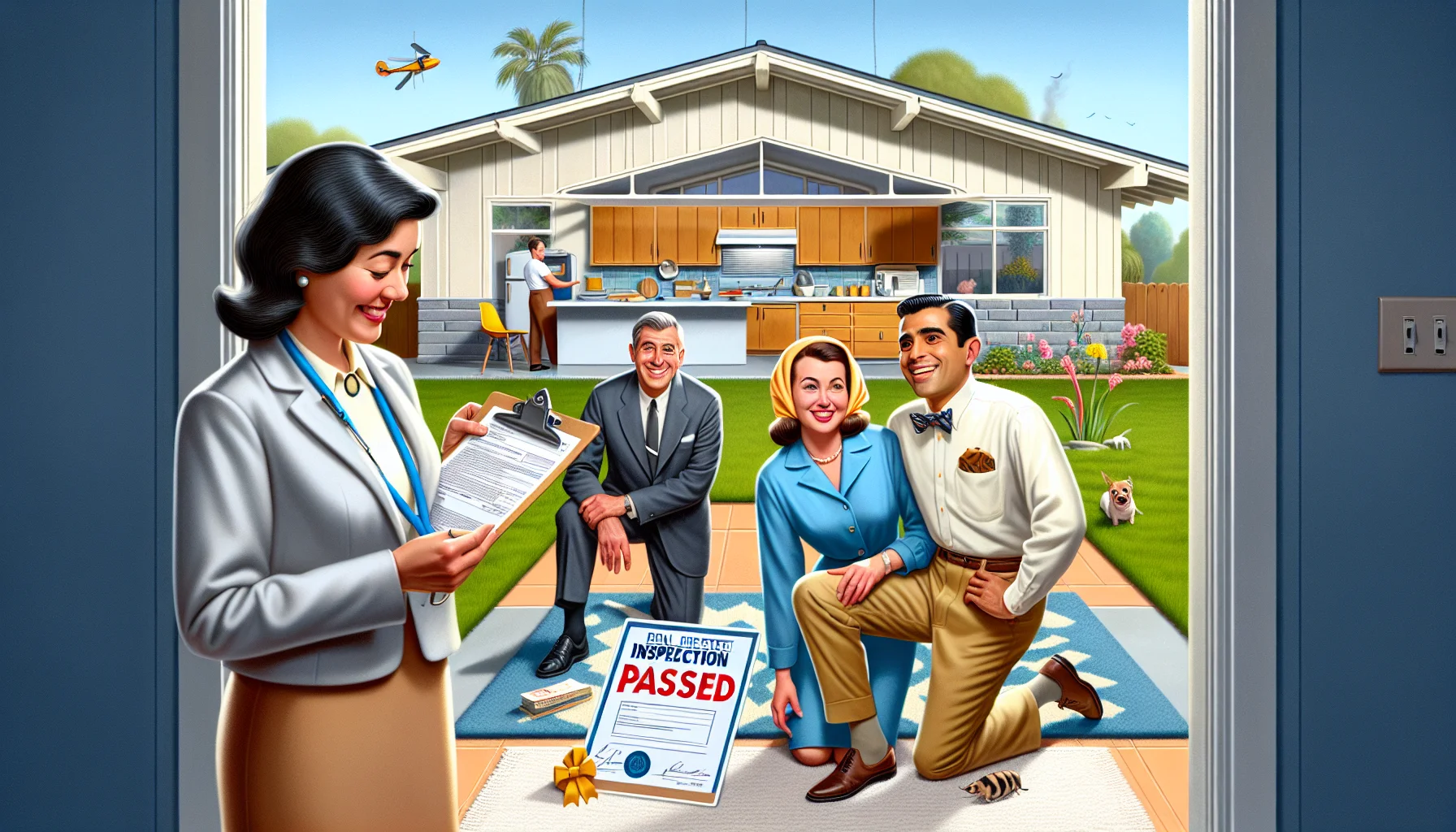Design an amusing and realistic scenario featuring a real-estate home inspection. The inspector, a professional South-Asian woman, is examining the pristine condition of a mid-century style house. The homeowners are a jovial Middle-Eastern man and a cheerful Hispanic woman, showcasing their well-maintained home with pride. The house should feature indicative elements of a perfect real estate - sparkling clean kitchen, not a crack in the walls or ceiling, a lush green front yard, and a cozy fireplace in the living room. A humorous detail could be a clean white rug with a new 'inspection passed' certificate placed on it with a bow. Everything indicates an absolute real estate dream!