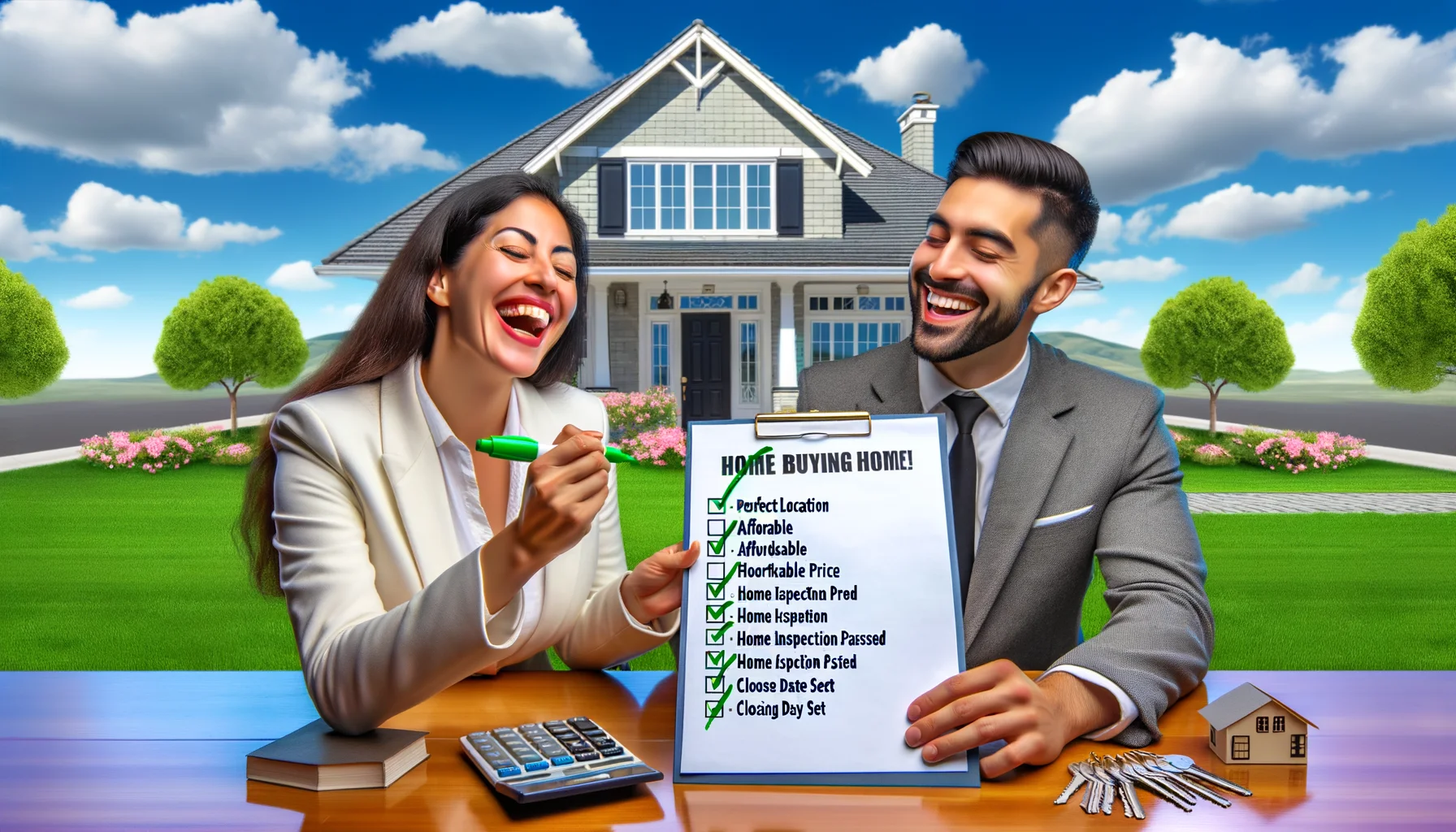 Imagine the most delightful and amusing scenario for a home buying process. A neatly-organized checklist is lying on a polished wooden table. On the checklist, items such as 'Perfect Location', 'Affordable Price', 'Home Inspection Passed', and 'Closing Date Set' are being checked off with a green marker by a joyful female real estate agent of South Asian descent. There's a male client of Middle-Eastern descent looking relieved and amused as well. In the background, make the dream home visible, a beautiful white-bricked house with a lush green lawn, under a perfect sunny, blue sky.