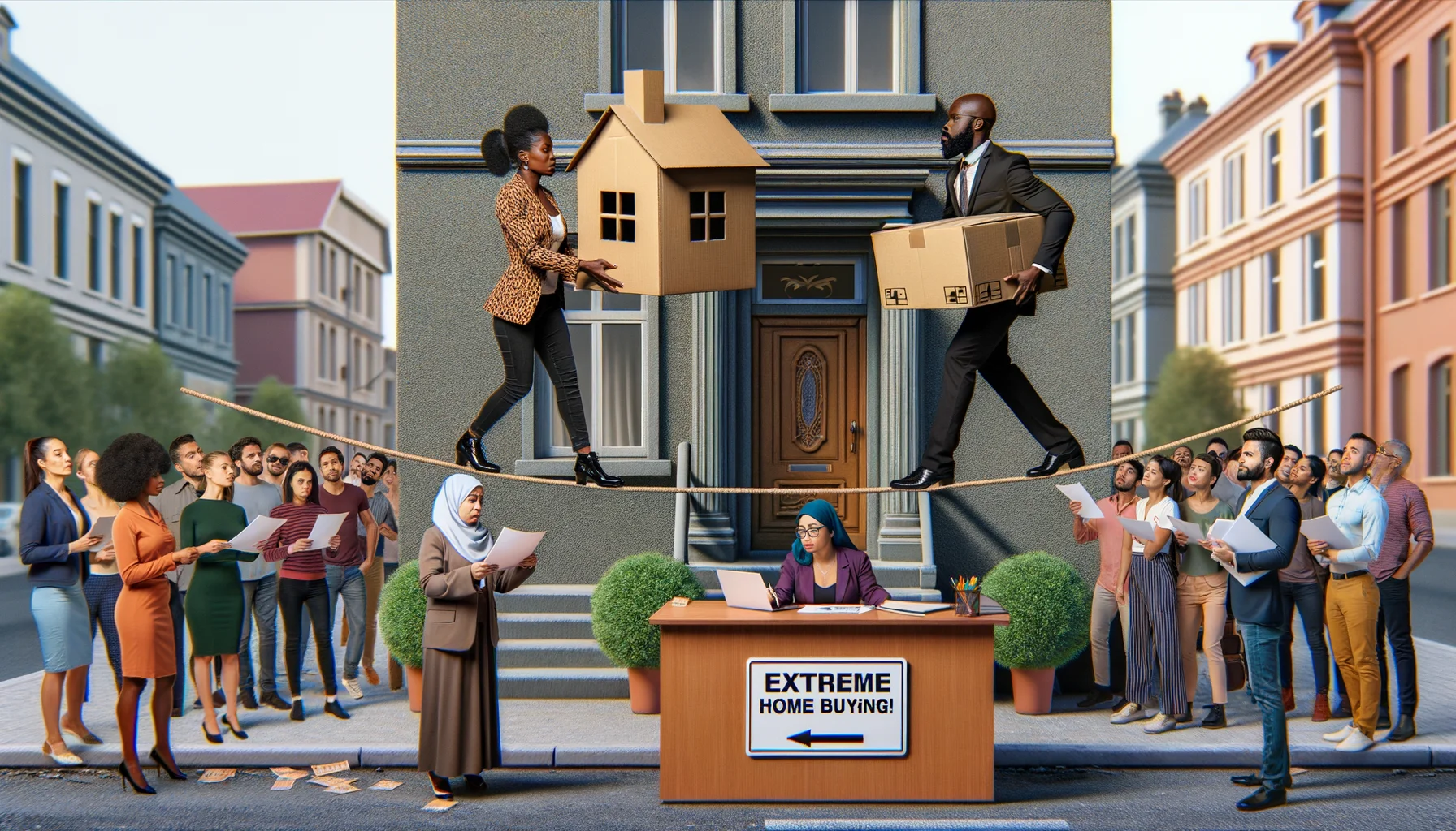 Create a humorous and realistic image of a home buying scenario during a divorce. Picture a Black female and a Hispanic male, both cautiously carrying two halves of a cardboard house, symbolizing a divided asset. They're both walking on a tightrope above an estate agent's office, clutching onto each other out of necessity. The agent, a Middle-Eastern woman, is below them, juggling sale contracts. There's a crowd of multiracial spectators, all chuckling at the absurdity of the situation. The sign outside the office reads 'Extreme Home Buying!' to add a light-hearted touch.