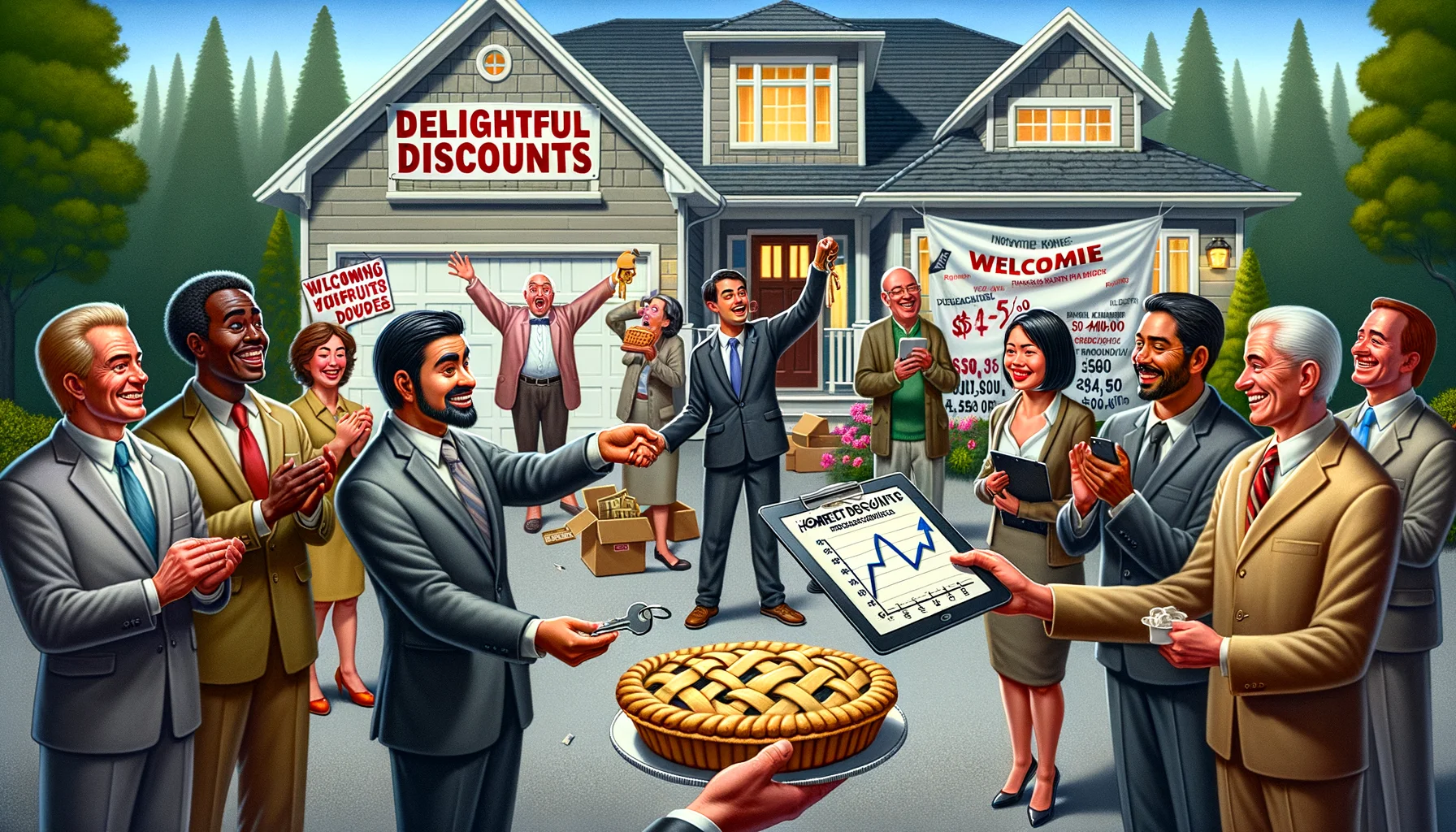 Imagine a humorous, realistic snapshot of the perfect circumstances for purchasing a house during an economic downturn. The scene should feature a group of people celebrating in front of a sold house with a 'Delightful Discounts' banner draped across the front. A Caucasian male real estate agent is handing a set of keys to a Hispanic female, signifying ownership change. Next to him, a Middle-Eastern man, a financial advisor, is showing a graph on a tablet displaying a drastic price drop. Nearby, a White female neighbor looks on, hopeful, holding a welcome pie, while a South Asian male, another neighbor, cheerfully waves a homebuyer's guidebook.