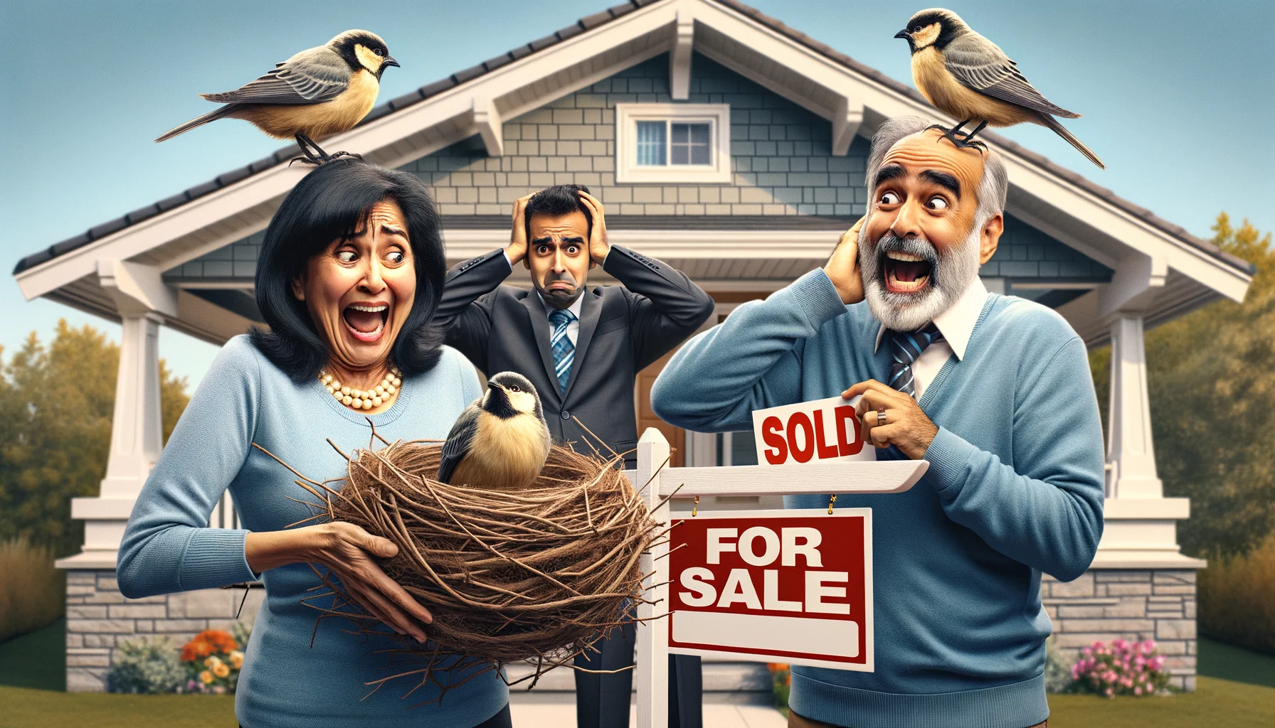 Generate a humorously realistic image of empty nesters during the home buying process. Picture a South Asian couple in their late 50s with wide grins as they joyfully take down the 'For Sale' sign in front of their new bungalow. Their bewildered Middle Eastern realtor is in the background, scratching his head at their overly enthusiastic antics. Include a nest-themed 'Sold' sign as a fun pun related to their 'empty nest' status. Create a hilarious contrast by having a few confused birds perched on the sign, looking at the ecstatic couple.
