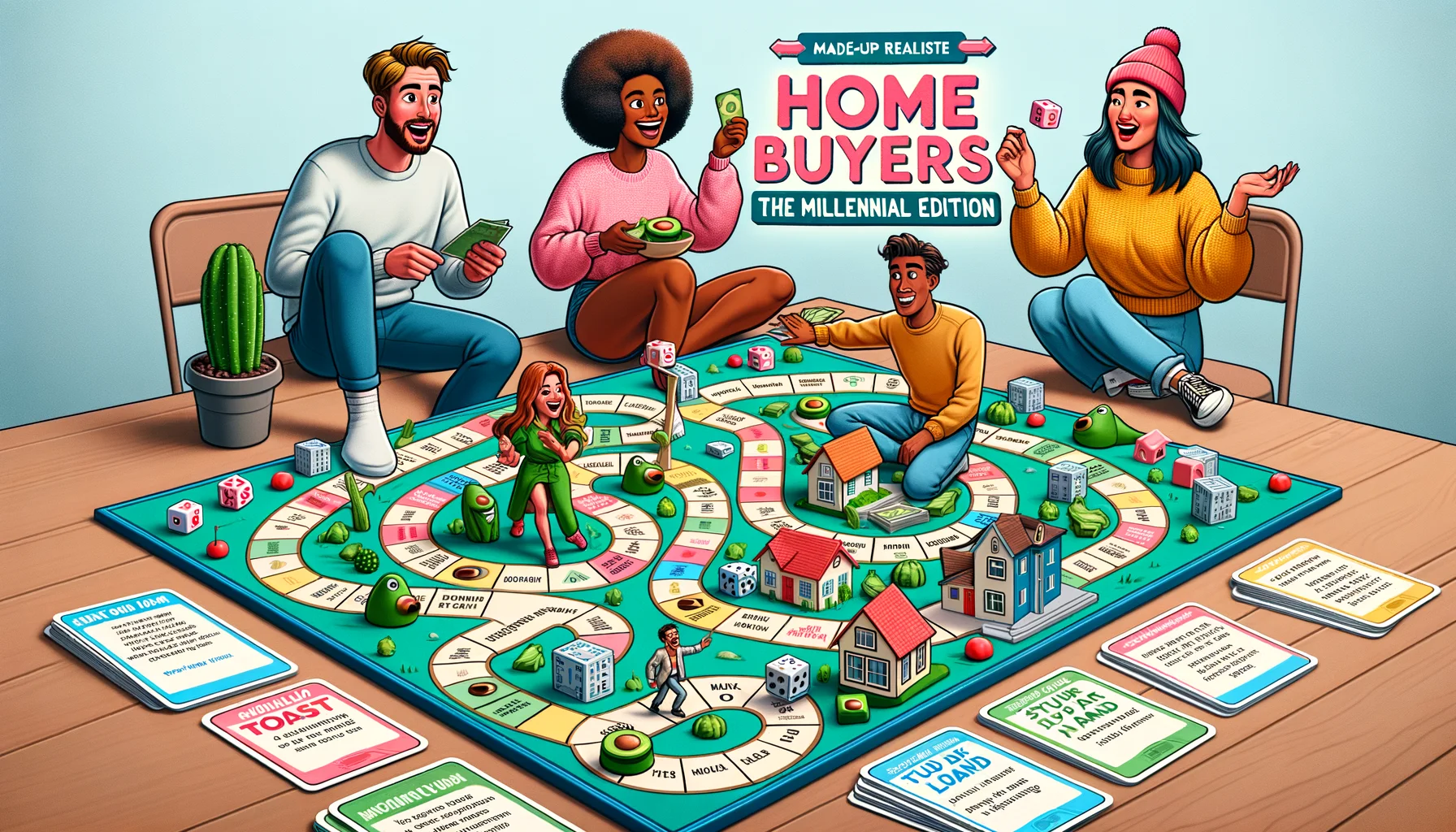 Create a playful and realistic image of a group of millennials participating in a made-up, humorous board game titled 'Home Buyers: The Millennial Edition.' The board game is designed with a winding path representing the home buying process, filled with eventful and comical obstacles such as 'avocado toast land' and 'student loan jungle.' Include diverse characters: a Caucasian male who is laughing while maneuvering a game piece, a Black woman rolling the dice with a focused expression, a Hispanic man looking delightfully surprised by a 'Bank of Mum and Dad' card, and an Asian female player holding an overpriced miniature house piece.