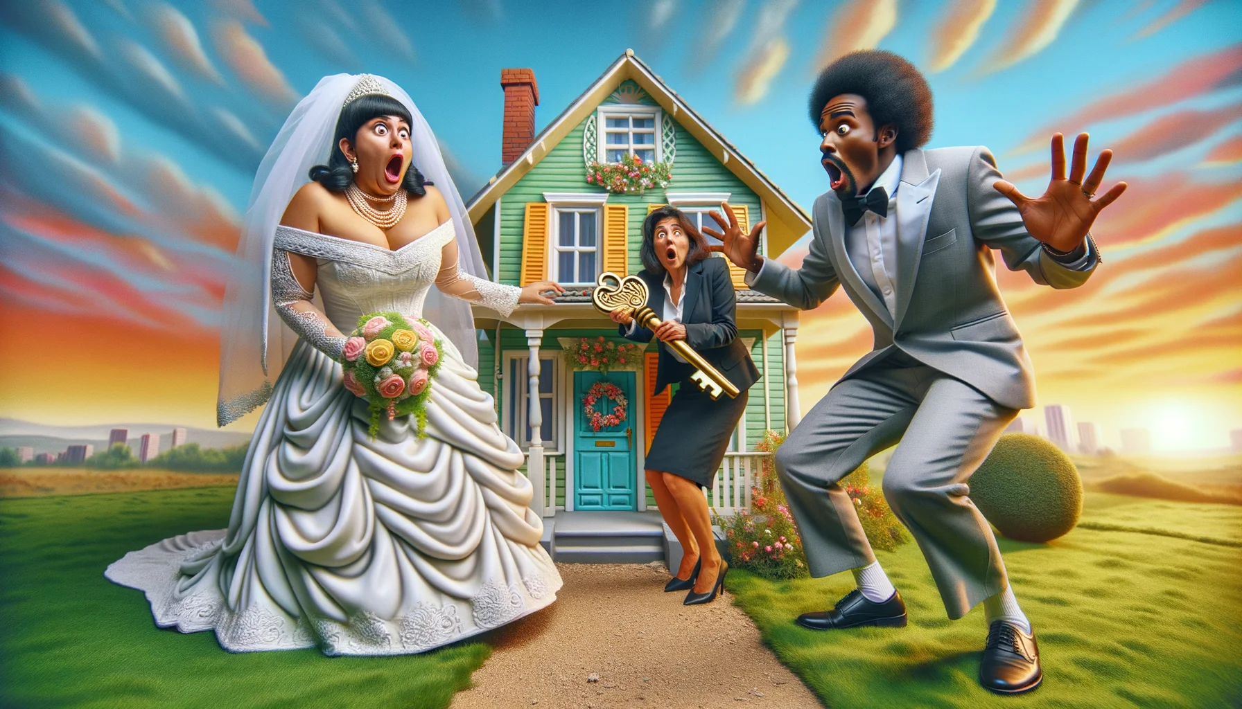 Imagine a highly amusing and memorable scene of two newlyweds buying a home. A Hispanic man and a Black woman, each wearing traditional wedding attire, expressions of shock and hilarity on their faces. They are standing in front of a whimsically designed house that's unexpectedly a miniature, only about their knees high, startling the local estate agent who is a Middle-Eastern woman, trying to contain her laughter while holding up an oversized key. The background features a vibrant green lawn and a painted sunset that adds to the comic realism of the scene.