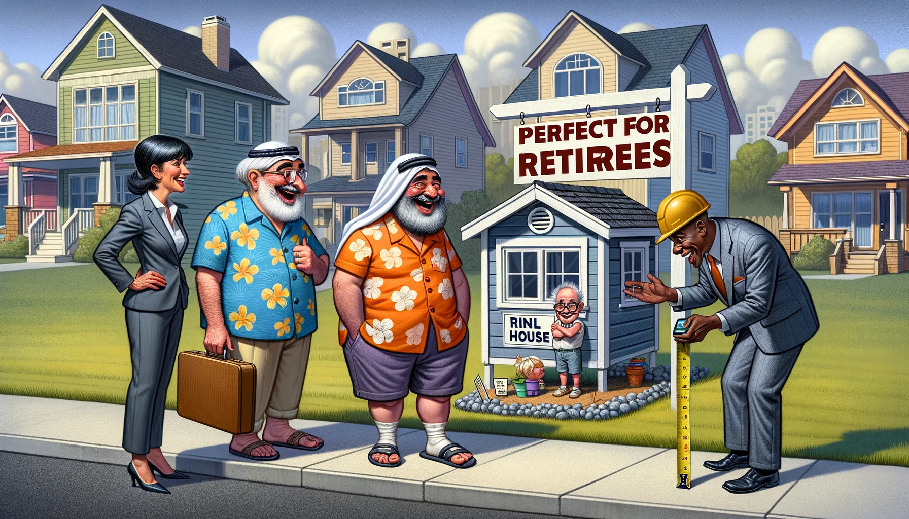 A whimsical and humorous scene in a suburban neighborhood. A Middle-Eastern elderly couple, wearing Hawaiian shirts and Bermuda shorts, are looking at a tiny house labeled 'perfect for retirees'. On the other side, a real estate agent, a Caucasian woman in a business suit, is trying to convince them with a big smile. Meanwhile, a Black senior man wearing a construction hat is measuring a dollhouse next to it and laughing heartily, implying the exaggeration of the 'tiny' concept for retirees. The scene reflects the humorous side of home buying for retirees.