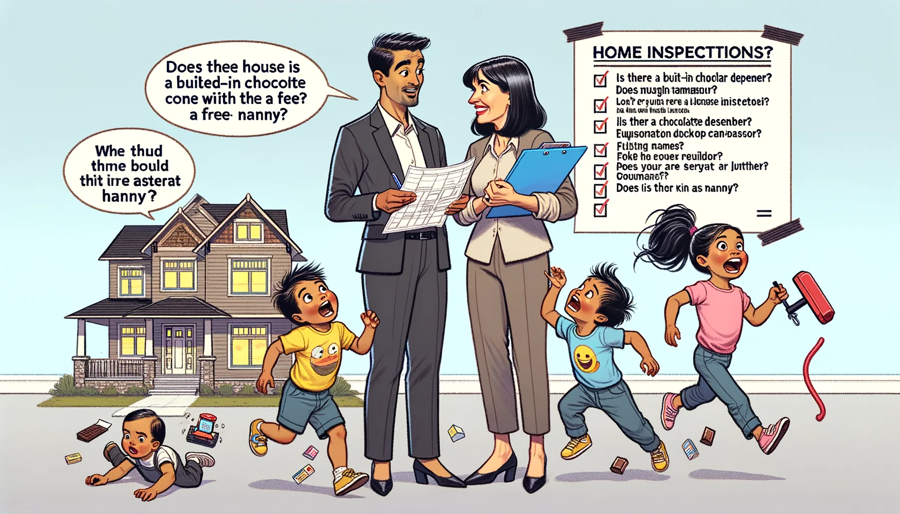 Create a humorous scene depicting the reality of home buying as a single parent. In the image, there is a single-parent of Hispanic descent, with two lively children, both of different genders, running around causing playful chaos. The mother is standing with a real estate agent of South Asian descent, holding a blueprint of the house, both sharing an amused smile as they look at the children. In one corner, the home inspection checklist has funny items like 'Is there a built-in chocolate dispenser?' and 'Does the house come with a free nanny?'