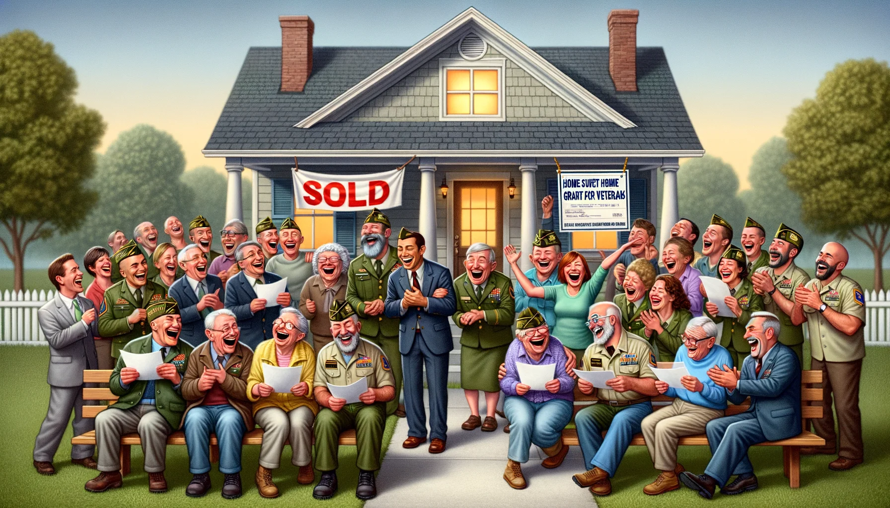 Envision a humorous yet realistic scenario depicting the ideal situation for home buying grants for veterans. In the middle of the scene, there's a quaint and charming house with a 'Sold' sign out front. A group of veterans, of diverse races and genders, are gathered together, cheerfully laughing and celebrating outside the house. Their happiness is tangible, each holding the grant papers in their hands, their faces lit up with pure joy. A large banner is strung across the house with the words 'Home sweet home grant for veterans'. In the periphery, a real estate agent is seen chuckling, overwhelmed by the veterans' lively celebration.