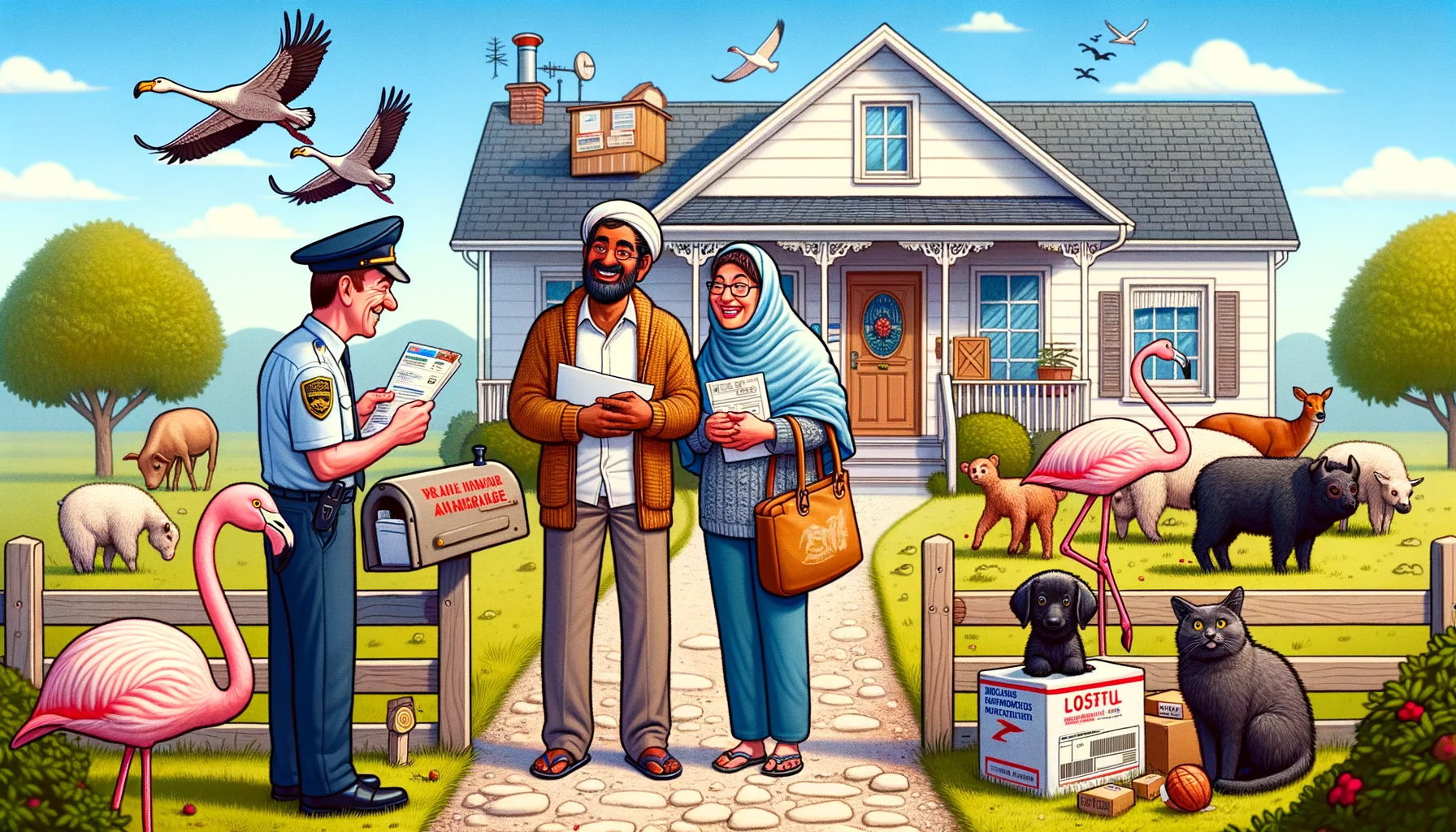 Imagine a witty and realistic scenario depicting the humorous aspects of buying a home in a rural area. Perhaps there's a Middle-Eastern couple inspecting a charming, rustic house with a Caucasian real estate agent, and instead of a car park, there's a barn filled with friendly farm animals. On the porch, a South Asian mailman struggles to deliver parcels to the wrong address. Meanwhile, a lost, whimsical flamingo from a nearby zoo casually strolls in the background. This whimsical yet everyday scenario captures the comical experiences and quirks of rural home-buying.