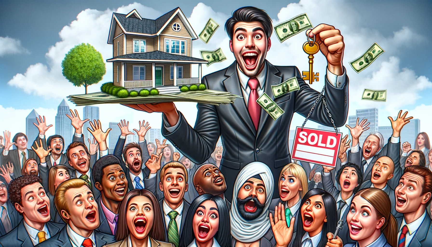 Create a comical, realistic image of home buying in a seller's market. Picture a male Caucasian first-time buyer, wearing a suit and looking extremely excited, holding an oversized dollar bill in one hand, a giant key in another, with a ridiculously small house perched on his palm as his 'purchase'. A Hispanic female agent in professional attire is depicted holding a huge SOLD sign with a gigantic grin. They are surrounded by eager potential buyers, a mix of Black, Middle-Eastern, and South Asian individuals, with hilarious expressions of disbelief, shock, and envy.