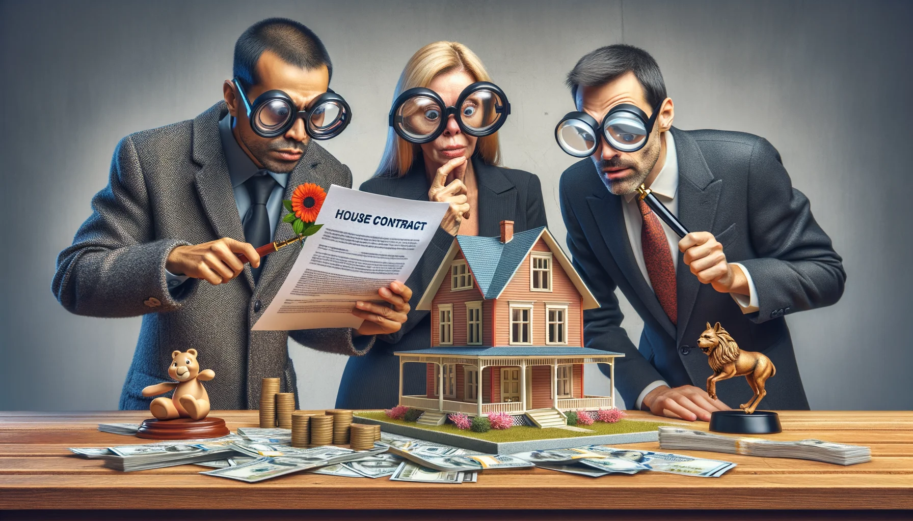 Create a comedic, realistic image that highlights typical errors in the home purchasing process, but in an ideal setting. The image can showcase a prospective home-buyer, depicted as a mixed race and gender pair, reviewing a house contract with exaggeratedly large reading glasses, symbolizing overlooked details. Next to them is a home inspector with a magnifying glass, South Asian male, peering into a tiny model home teetering precariously on a pedestal. Nearby, a Caucasian female realtor is laughing behind a pile of money, suggesting inflated costs. This image is intended to identify and mock common mistakes to avoid when buying a home.