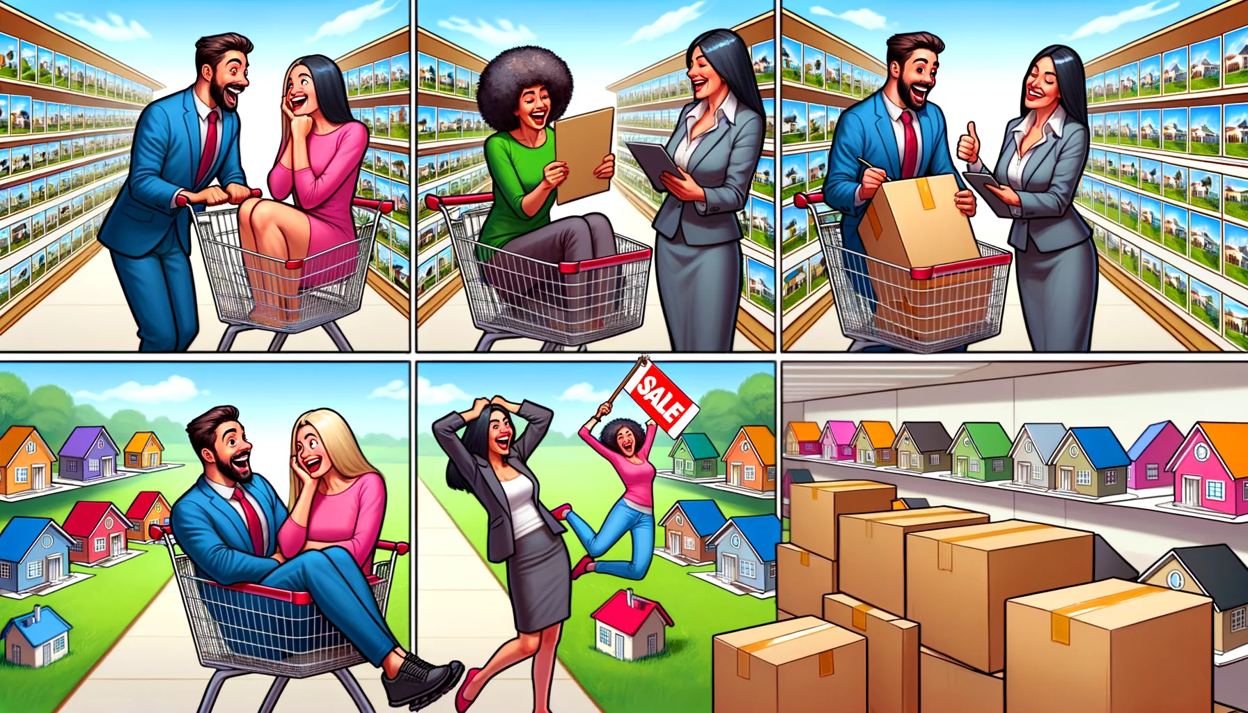 Picture a lively and humorous scene of the ideal home buying process for novices. It starts with an enthusiastic, mixed-race couple in their late twenties, examining a variety of identical houses lined up like items on a supermarket shelf. They're in a giant shopping cart, cheerily riding down the aisle and picking their favourite house. The next snapshot shows a Hispanic woman in formal attire, assumably a real estate agent, offering them a massive 'Sale' tag labelled with 'Perfect First Home'. The final snap is them, ecstatically unpacking cardboard boxes in their new pastel-coloured home. This comically encapsulates the perfectly smooth beginners home buying journey.