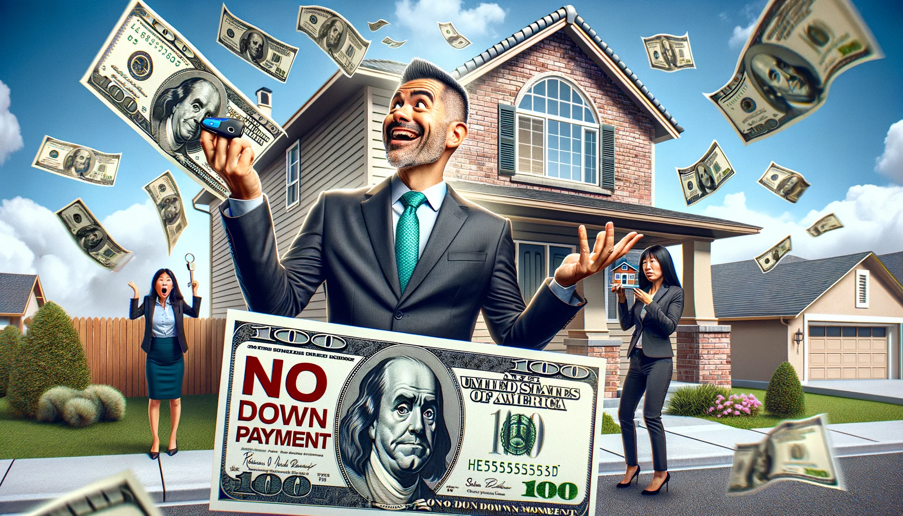 Generate a humorous and realistic image illustrating the concept of buying a home with no down payment. The primary scene involves a joyful middle-aged Hispanic man, wearing a suit and tie, standing outside a brick-built, two-story house. His hands are raised in the air, holding banknotes and a house key but the banknotes are flying away with a gust of wind. Meanwhile, a puzzled Asian real estate agent, also dressed up, is scratching her head while presenting a 'Sold' sign. An oversized, comically styled zero-dollar bill is embedded in the foreground with 'No Down Payment' written on it in bold, playful fonts.
