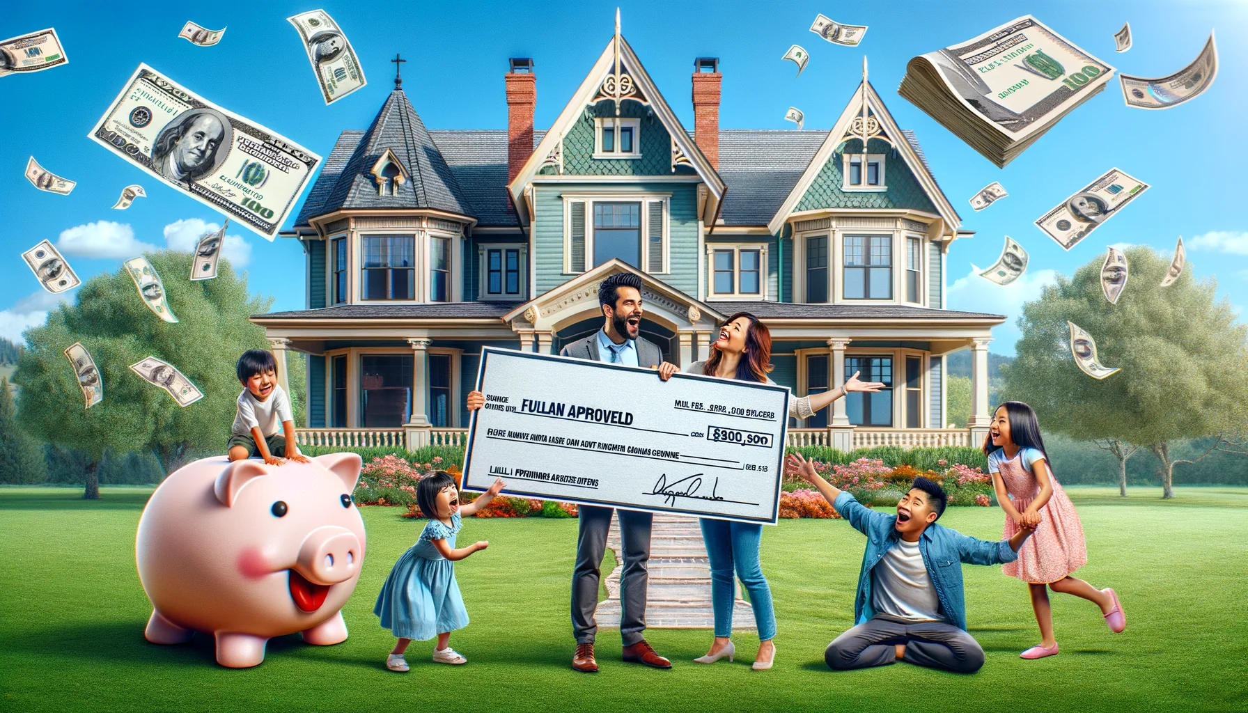 Imagine an idyllic setting showcasing the most ideal home financing scenario. In the foreground, on a bright sunny day, a jubilant East Asian man and a Hispanic woman hold up a giant, oversized check, marked 'Full Loan Approval'. Their children, a gregarious Caucasian boy and a Middle-Eastern girl, are playfully pulling each other on a lush green lawn in front of a beautiful dream Victorian-style house. All around them, humorous elements are abound - a piggy bank is raining dollar coins, a happy mortgage document is dancing, and the price tags on nearby homes are shaking in surprise.