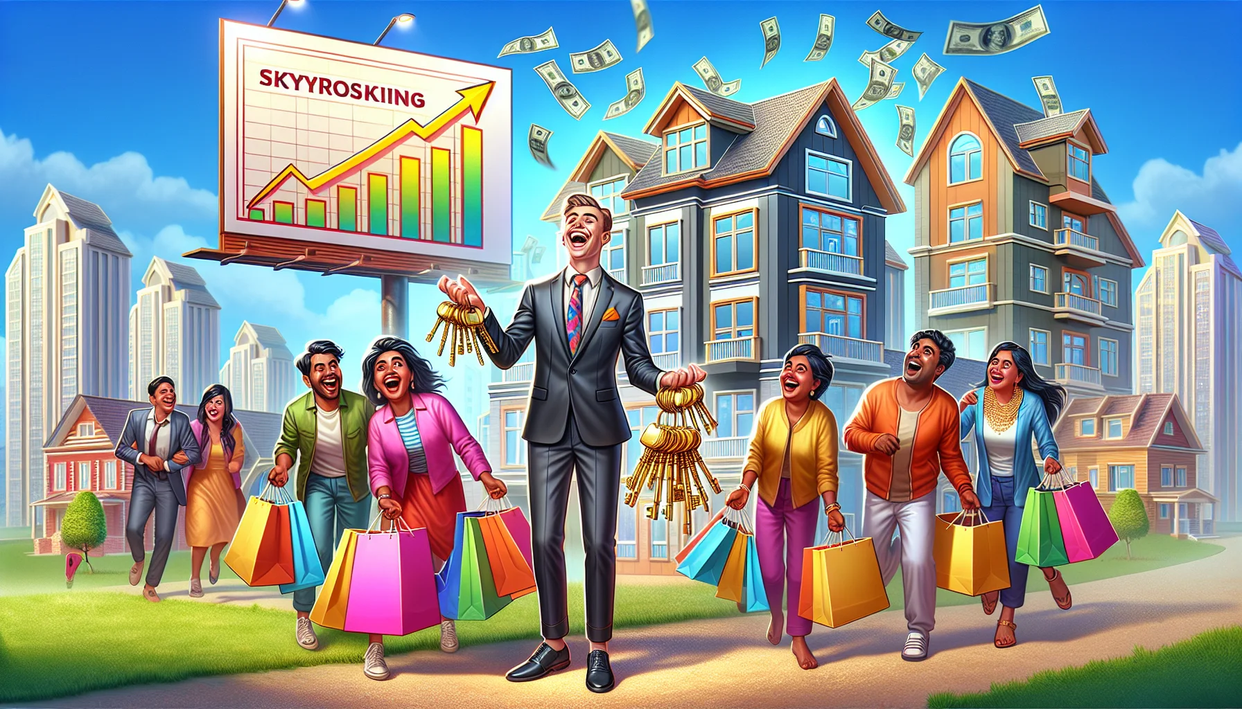 Design a humorous, lifelike scene of a flourishing real estate scenario. Picture a Caucasian male home investor standing in front of a row of pristine, newly built houses. He's laughing joyously whilst juggling shiny golden keys for each property. Nearby, a large, colourful billboard displays skyrocketing property values. South Asian female prospective homeowners, holding shopping bags full of cash, flock towards him excitedly. Everyone's expressions convey sheer delight and optimism for the beneficial housing market. Create the image in a sunny, vibrant setting to mirror the positive atmosphere.