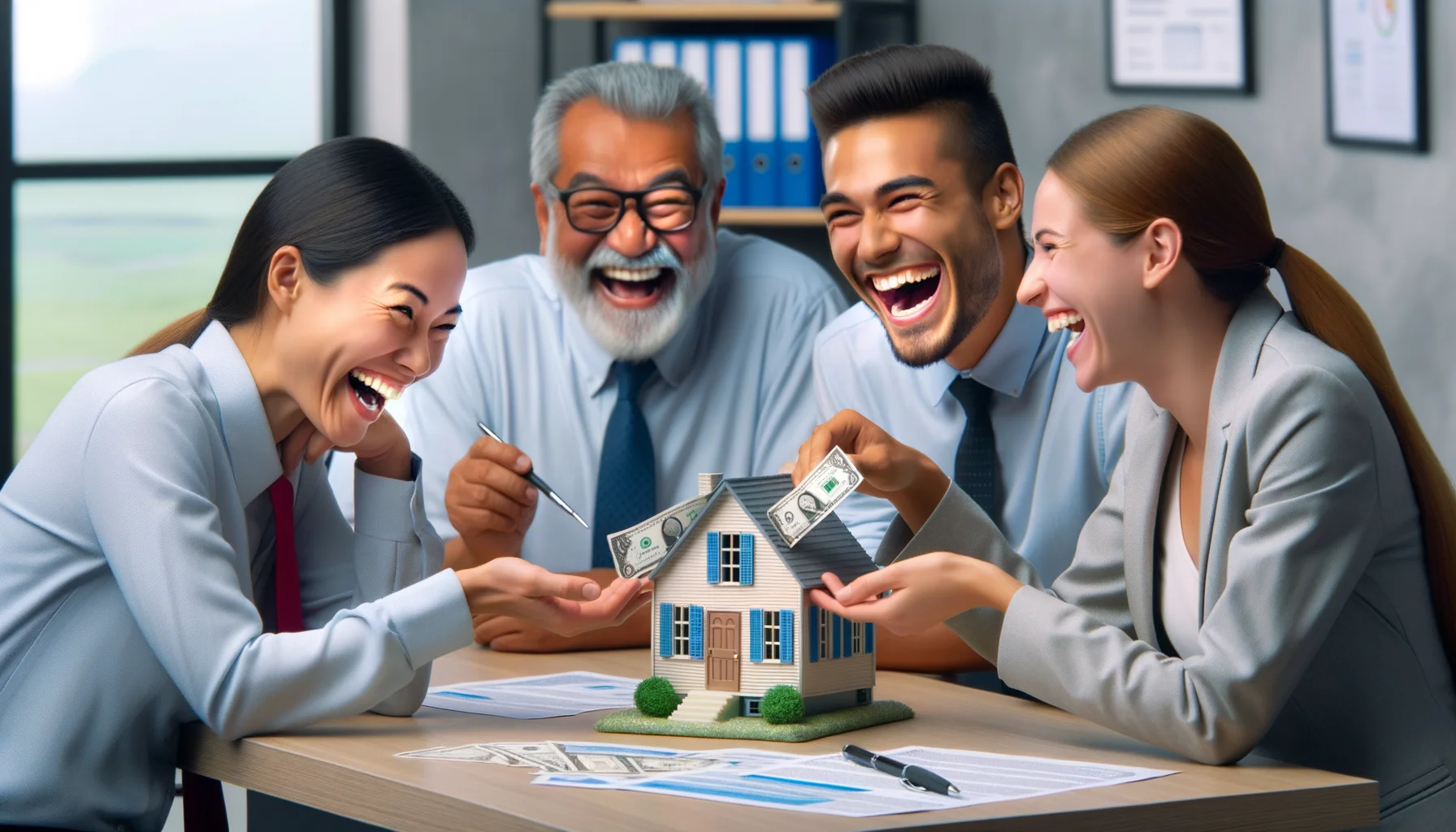 Generate an amusing real-life image set in a bank. A South Asian female bank employee is explaining a home loan assistance program in a unique way: using a small toy house that springs open to reveal mini dollar bills. A Caucasian male customer is laughing heartily at the spectacle, finding the visual representation funny. Meanwhile, a Hispanic male and a Middle-Eastern female, other customers at the bank, are chuckling in the background at this entertaining and humorous method of explaining home loan assistance programs.