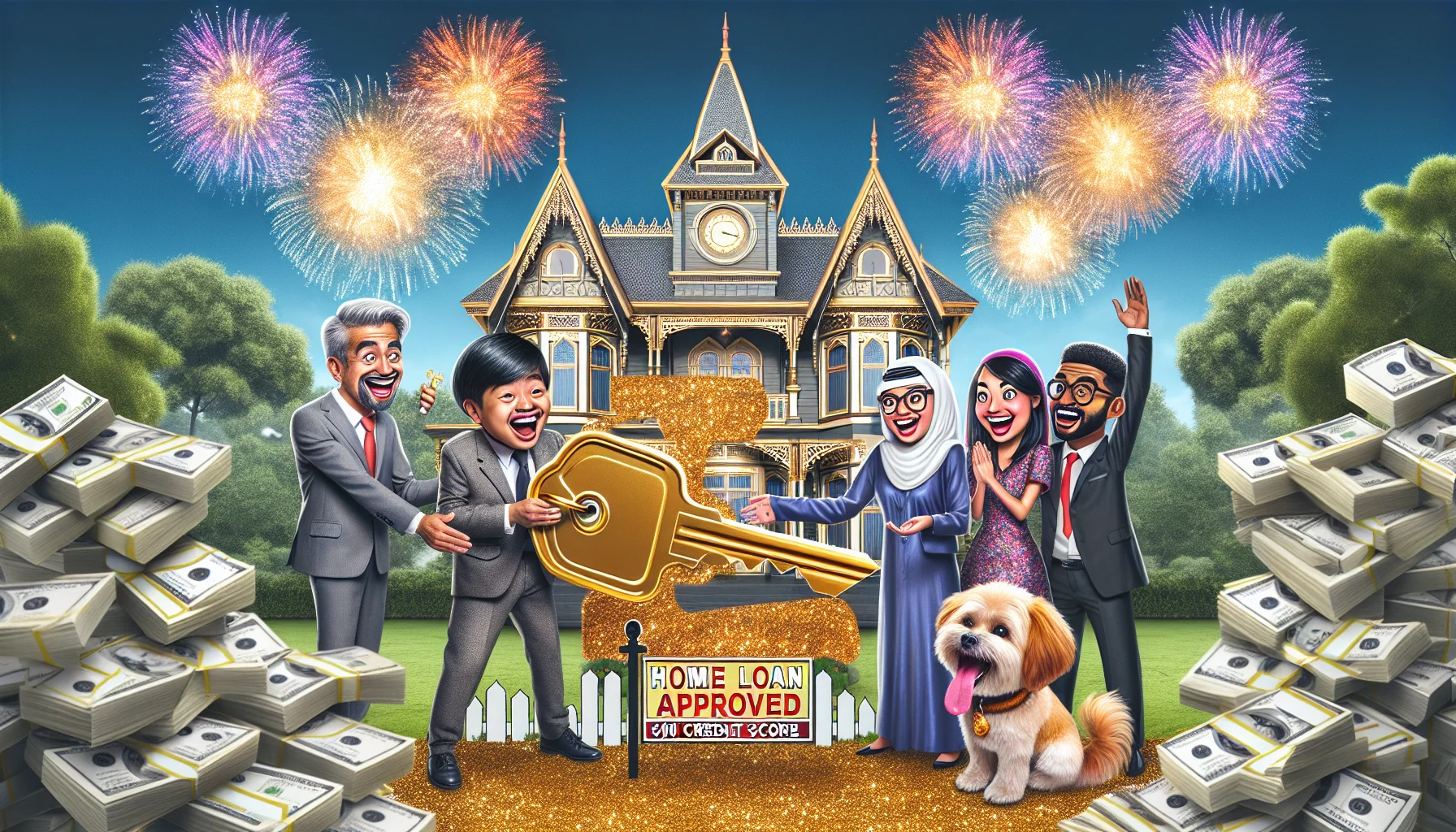 As a quirky depiction of a perfect scenario, picture this: three South Asian banks' representatives, each of a different gender, with big smiles on their faces, presenting an oversized imitation key to a joyful Middle-Eastern woman and a cheerful Caucasian man who have a happy dog jumping around them. A shimmering golden banner above reads 'Home Loan Approved, 500 Credit Score.' In the background, a stunning Victorian-style mansion basking in celebratory fireworks provides a picturesque view. There is a sign in front beautifully spelling 'Sold', while stacks of coins and dollar bills surround the scene as an exaggeration of their good fortune.