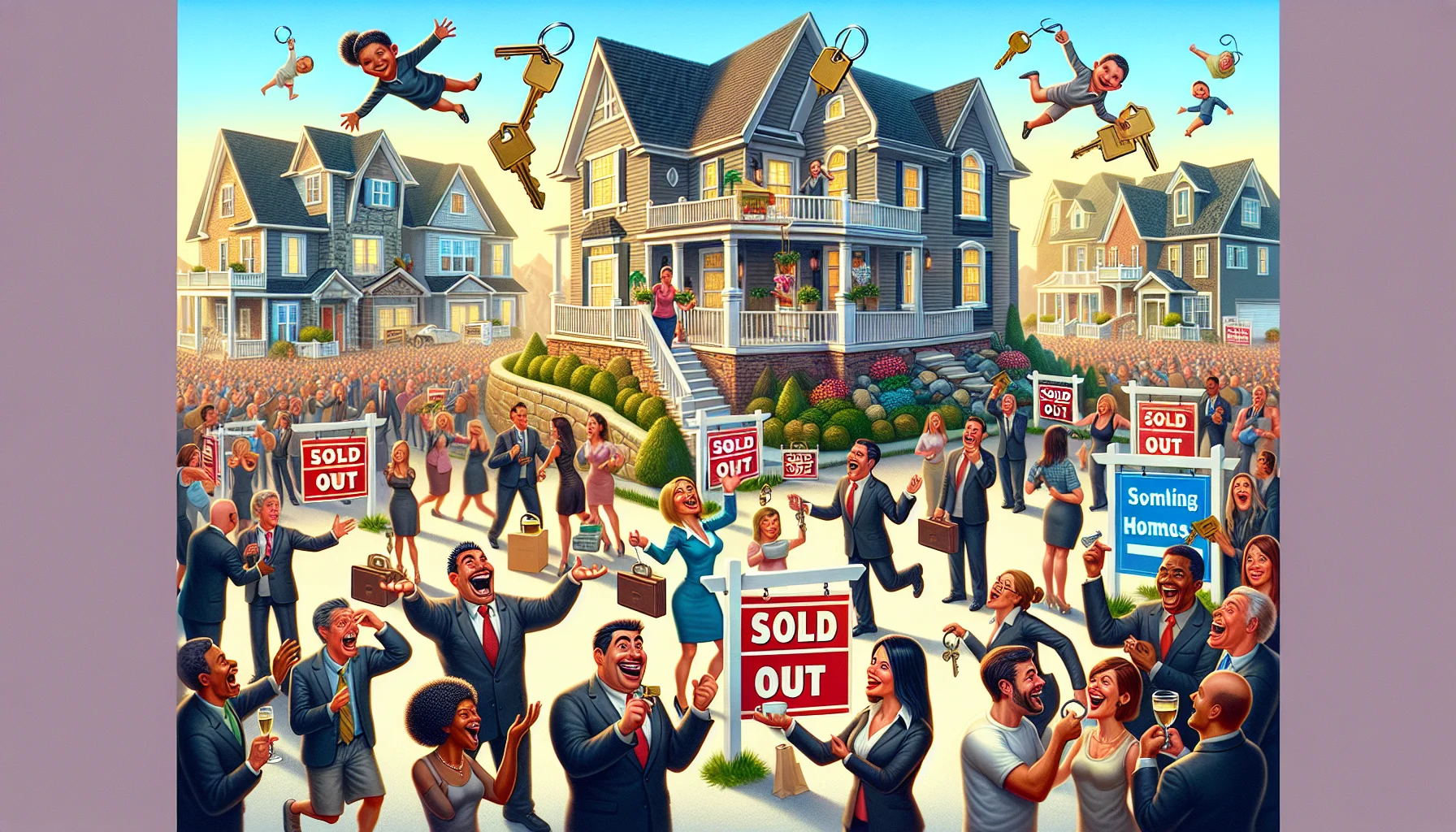 Visualize a humorous and idealistic scenario in a bustling home market. The scene should showcase a diverse, animated crowd of people from various descents such as Black, Hispanic, Caucasian, and Middle Eastern, and genders, all animatedly engaging in real estate transactions. There could be a man holding and admiring multiple keys to his newly bought dream houses. A woman could be high-fiving her real estate agent after owning a picturesque home. There should be happy 'Sold Out' signs in front of beautiful, picture-perfect houses. The atmosphere should be energetic and full of excitement, symbolizing the prosperity of the perfect home market.