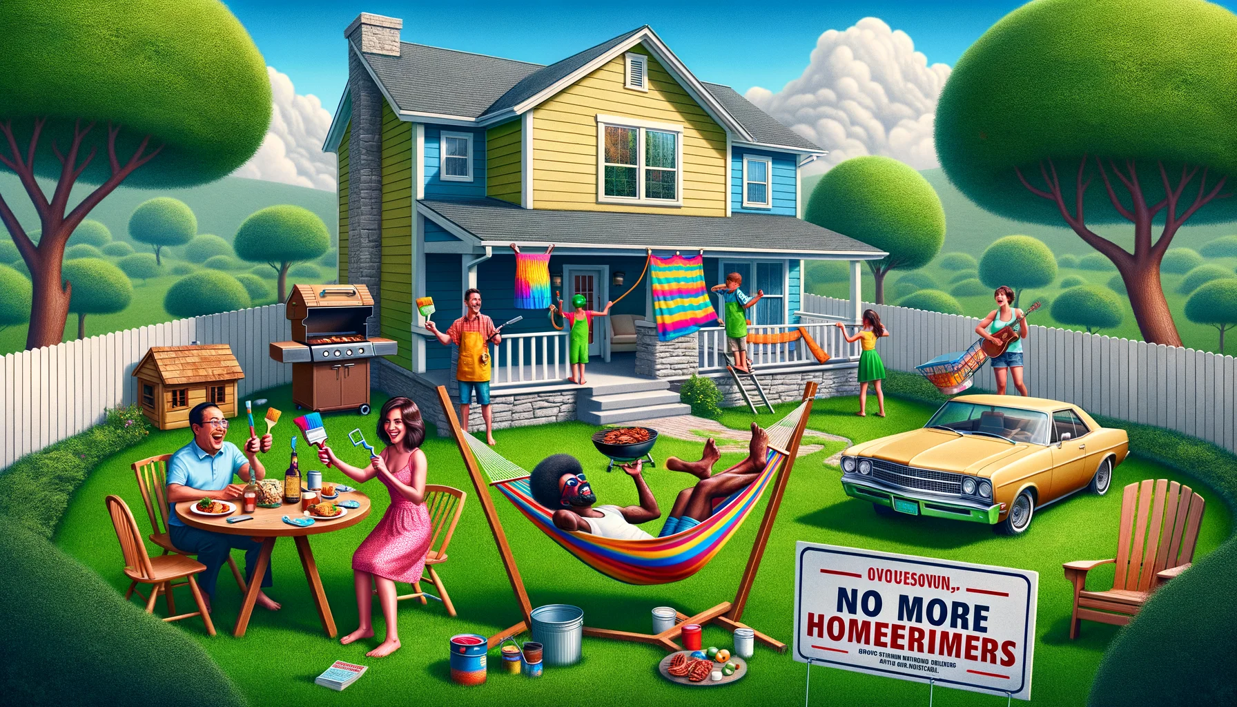 Create a humorously exaggerated scene showcasing the perks of home ownership in an ideal scenario. Imagine a pristine suburban house with a flawless green lawn. A happy caucasian woman is repainting the front door with bright colors of her choice, a black man is grilling delectable barbecue in the backyard, and two Hispanic children are playing in the treehouse they've built. Meanwhile, a South-Asian man is relaxed in a hammock hanging between two trees, reading a book titled 'No More Rent!'. A sign on the lawn proudly declares 'Proud Homeowners'. 