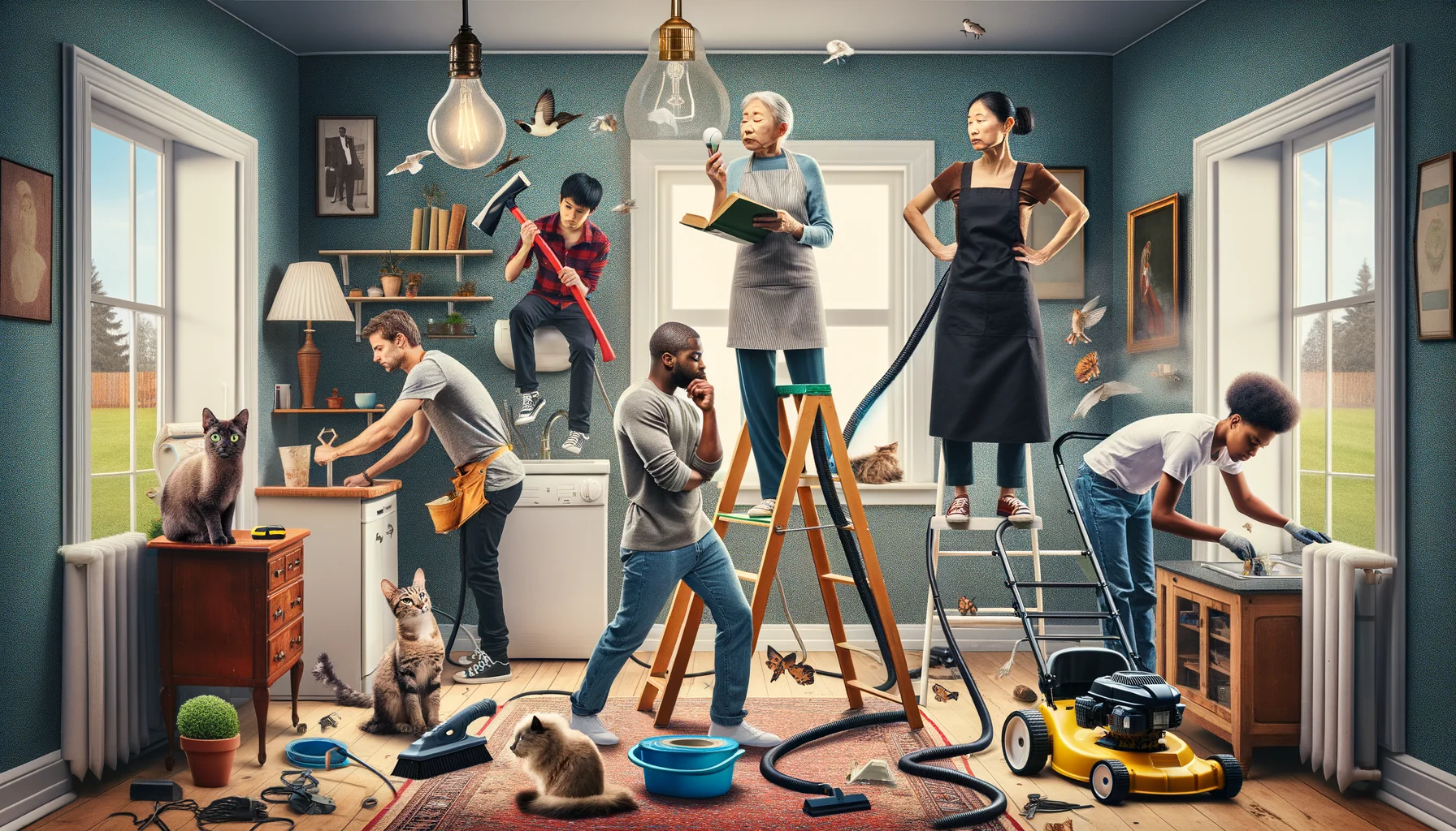 Generate a humorous and realistic image of homeownership responsibilities. Generate a scene where an East Asian woman is trying to change a lightbulb standing on a stack of books instead of a ladder, while her Caucasian male partner is attempting to fix the leaking sink with duct tape. On the side, a Hispanic youngster is vacuuming the cat instead of the floor. Meanwhile, a Black teenager can be seen mowing the roof instead of the lawn in a perplexed yet determined manner. The overall atmosphere should be one of chaos, humor, determination, and a pinch of dreaded home maintenance.