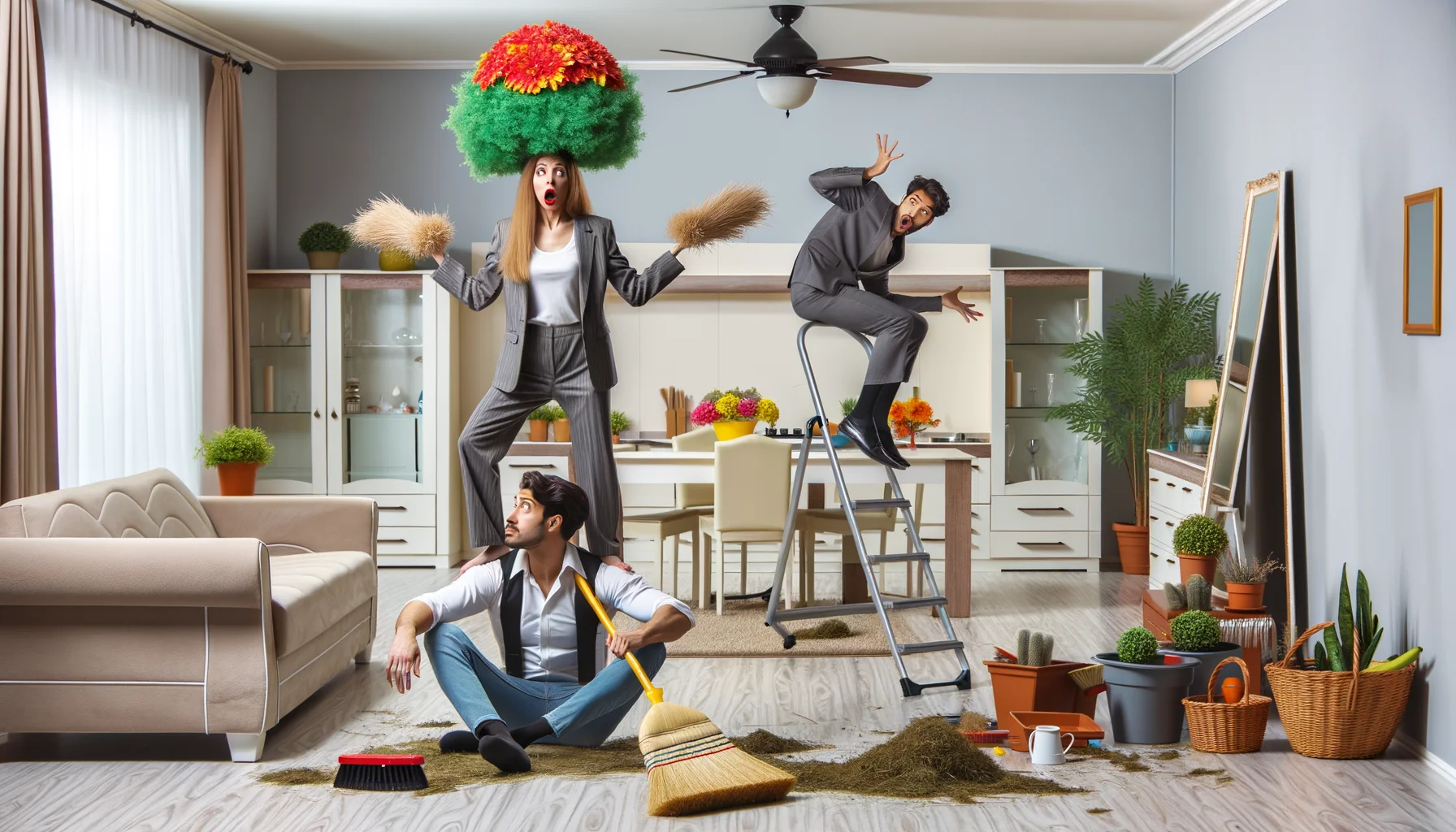 An image set in a domestic interior of a house showcasing hilariously exaggerated home staging tips for sellers. A Caucasian female seller dramatically sweeping the floor with an oversized broom and a Middle-Eastern male seller perched precariously on a ladder while balancing a vibrant potted plant on his head. They are both exchanging bewildered glances. This room in chaos is contrasted with a perfectly arranged room in the reflection of a mirror on the wall, symbolizing the goal of their home staging efforts.