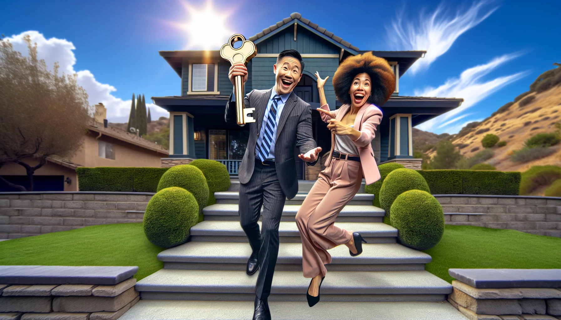 Generate a humorous, realistic scene emphasizing an ideal real estate scenario. Picture this: A beautifully maintained suburban home with a lush green lawn and manicured hedges under a bright blue sky. Walking up the smooth, stone steps of the house is a cheerful Asian man in his 40s, dressed as a real estate agent with an oversized, shining key in his hand. Just next to him, an excited Black woman in her 30s, beaming while pointing towards the house, symbolizing an eager buyer. Both seem to be in a jovial mood encapsulating the joy of a perfect real estate transaction.