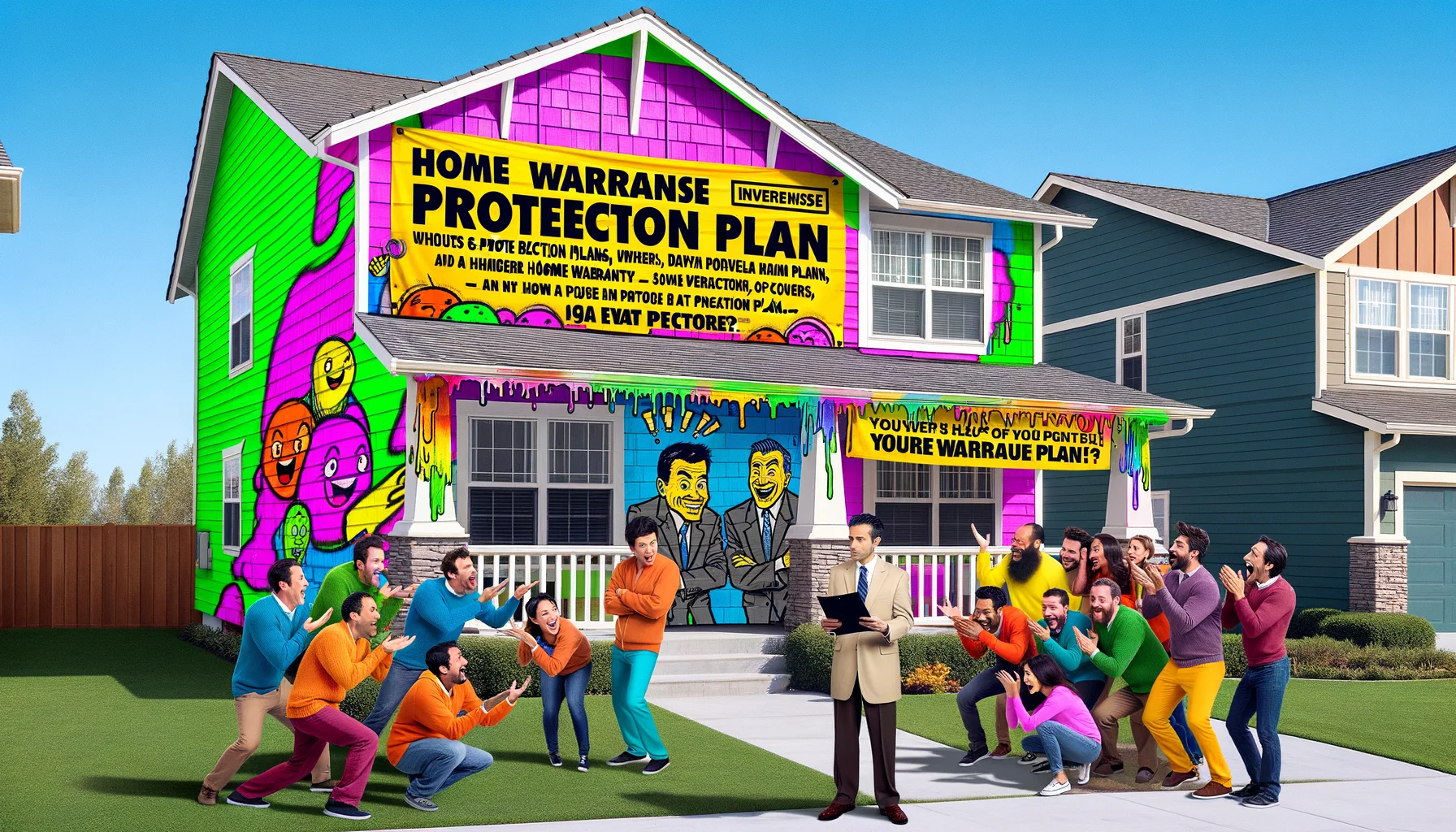 Generate an image that humorously exemplifies home warranties and protection plans. Capture a picture of a two-story, suburban home painted in bright, unexpected colors such as neon pink and lime green, with a flashy, oversized protection plan banner draped across it. Illustrate a group of laughing neighbors with diverse ethnicities, including Caucasian, Middle-Eastern, and South Asian, pointing and taking pictures of it. In the foreground, show a befuddled homeowner, a Hispanic man holding a home warranty folder, inspecting the banner with a magnifying glass. Be sure to capture the humour and absurdity of the situation in a realistic style.