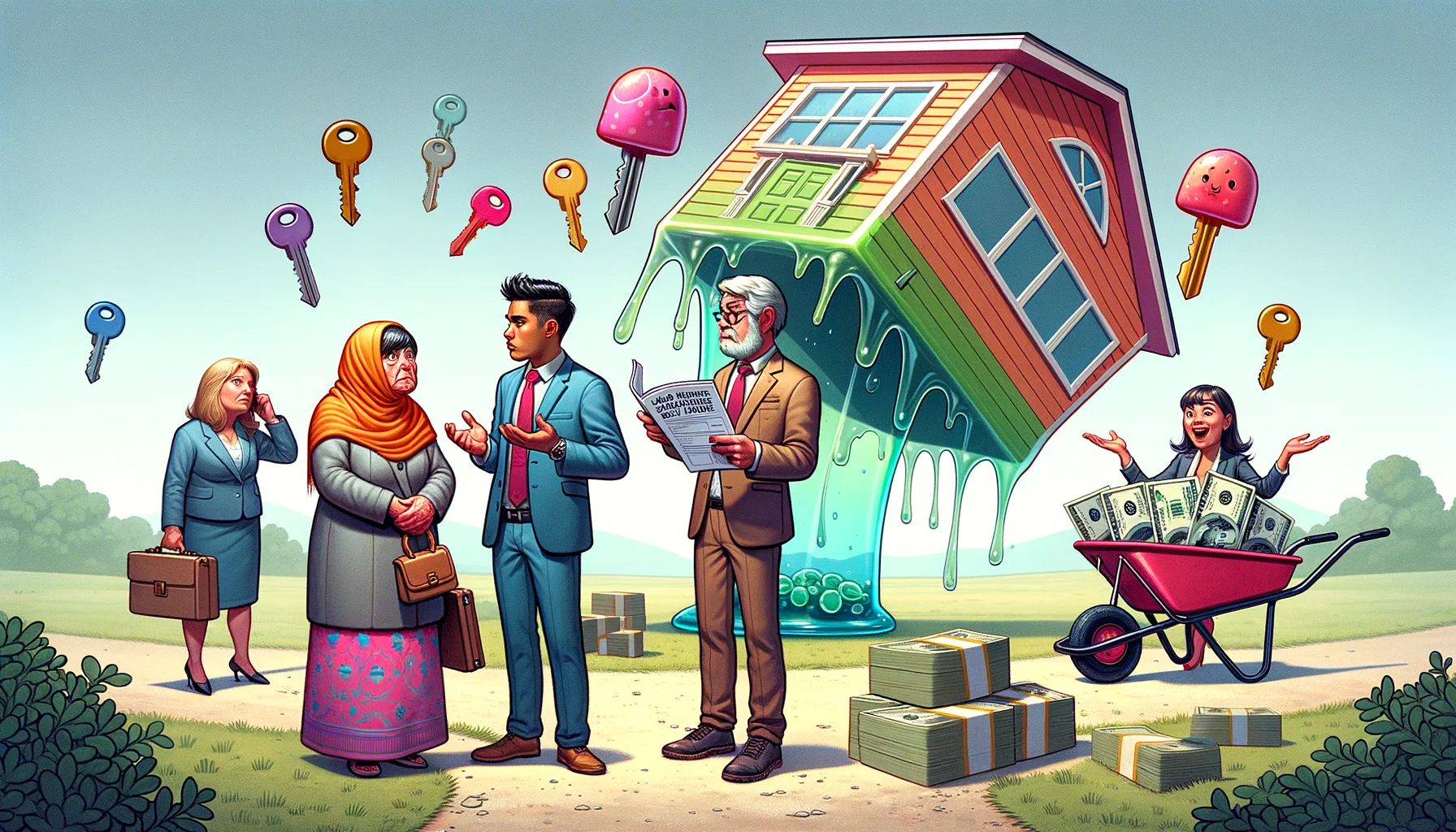 A humorous illustration of a homebuyers assistance program. Include a middle-aged Middle-Eastern woman and a young South Asian man standing in front of an oversized, colourful house that's tipping to one side as if it were made of jelly. They look baffled, holding giant keys. Next to them, a perky agent, a Caucasian man with a wheelbarrow full of smaller keys, is showing a manual titled 'How to straighten your Jelly House'. A Hispanic female banker in the background is laughing while counting oversized and elongated dollar bills.
