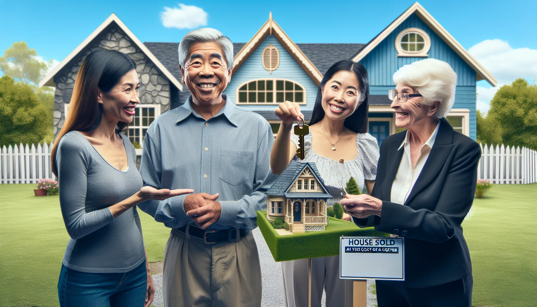 Construct a humorous, hyper-realistic image centered on the concept of ideal homeownership in the context of real estate. The scene unfolds in a serene suburban neighborhood with cookie-cutter houses. A middle-aged Asian man and a young Hispanic woman, both wearing casual attire, are proudly displaying oversized keys to their new homes. They are standing in front of a quirky house which looks like a mini-castle having a perfect lawn. A sign nearby reads: 'Houses sold at the cost of a coffee' while a real estate agent with an absurdly wide smile, who is an elderly White woman, hands them the keys.