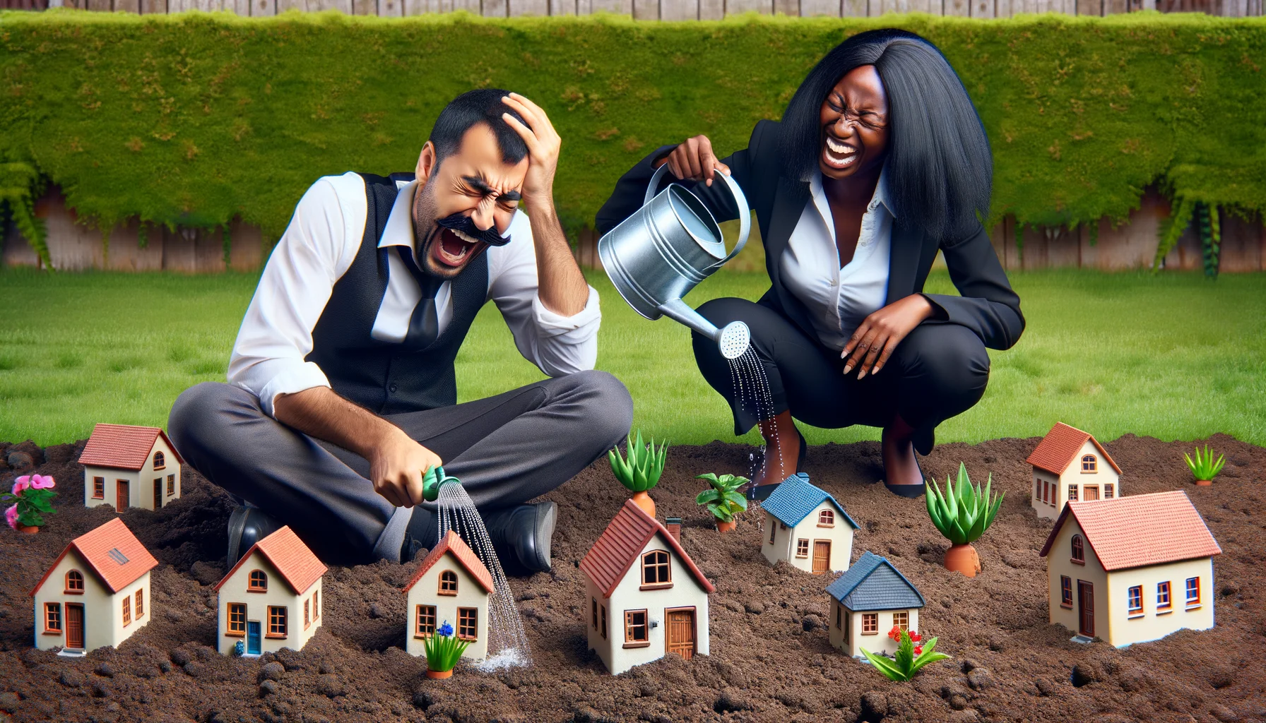 Generate a humorous, lifelike image that satirizes the notion of house investment. Imagine a scene where an exasperated South Asian man dressed in casual attire is trying to plant miniature houses in a garden as if they were seeds. By his side, a Black woman wearing business attire laughingly waters the miniature houses with a watering can. Around them, the greenery is flourishing, while the soil where the 'house seeds' were planted remains barren.