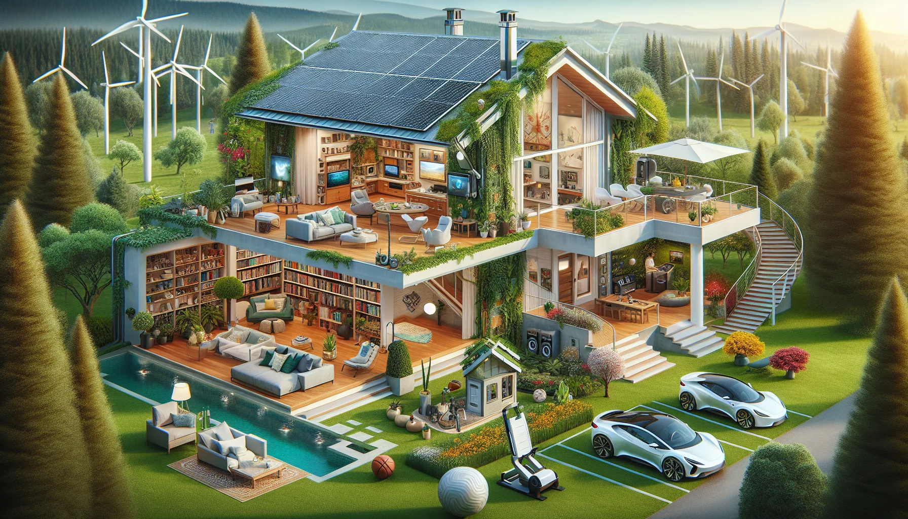 Generate a humorous, realistic image in a utopian real estate scenario. Envision a house featuring all the must-have amenities: a lush green garden with verdant plants and spring flowers, a modern kitchen equipped with state-of-the-art appliances, a spacious, well-lit living room with comfortable and elegant furniture, a personal library filled with different genre books, a gym with latest workout equipment, a restful bedroom with a king-size bed and a breathtaking view. Also, include a garage with high-end, eco-friendly electric vehicles, and finally, a solar panel setup on the roof for sustainable electricity production.