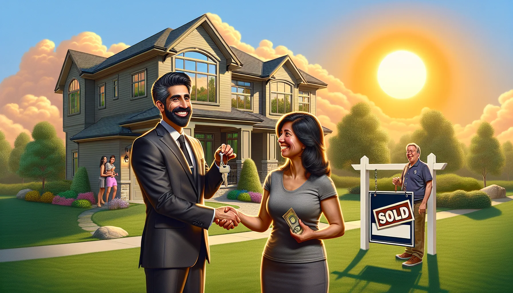Create a humorous, hyper-realistic scene that represents the ideal conditions for real estate professionals. Picture this: A vibrant, sun-lit suburban neighborhood with immaculately kept lawns and a ‘Sold’ sign hanging proudly outside a stunning, modern house. A Middle-Eastern male realtor with a radiant smile handing over the keys to a jubilant Hispanic female, who is holding the deed to the house. In the background, a Caucasian couple is admiring another lovely house across the street with a 'For Sale' sign, signaling more business in the pipeline. The sky is clear and warm, symbolizing the brightness and positivity in the real estate market.