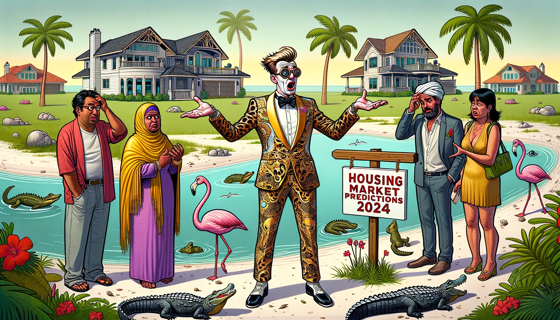Imagine a comic-like scenario playing humorously with stereotypical aspects of real estate. A cartoonish, slightly exaggerated Florida landscape stretches out. A mix of palm trees, sandy beaches, and alligators are visible. In the middle stands a flamboyantly dressed real estate agent - a Caucasian man in his 40s, with a humorous expression, flailing arms, gesturing towards a tiny shack labelled 'Luxury Villa 2024'. Bemused prospective buyers, a South Asian lady and a Middle-Eastern man, scratch their heads in confusion. In the corner, a flamingo holds a banner reading 'Housing Market Predictions 2024'.