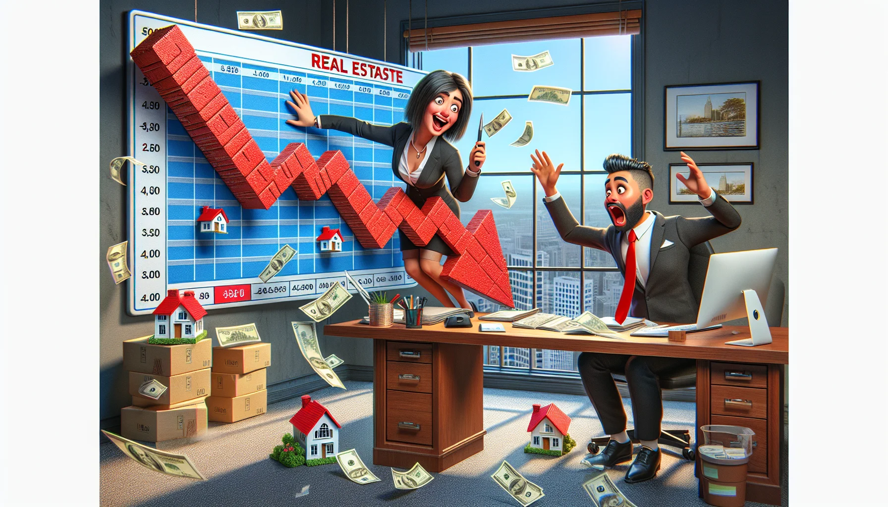 Envision a humorous, highly realistic image which portrays the ideal scenario for real estate, with housing prices dramatically plummeting. The scene is taking place at a real estate agency with two excited characters: a Hispanic female agent, exuberantly updating the prices on a large board, and a South Asian male customer's surprised reaction. Also visible is a giant red arrow made of brick plunging into the floor, symbolizing the falling prices, with miniature houses sliding down it. Currency notes are floating in the air, and the office setting is evident from desks, computers, and property charts.