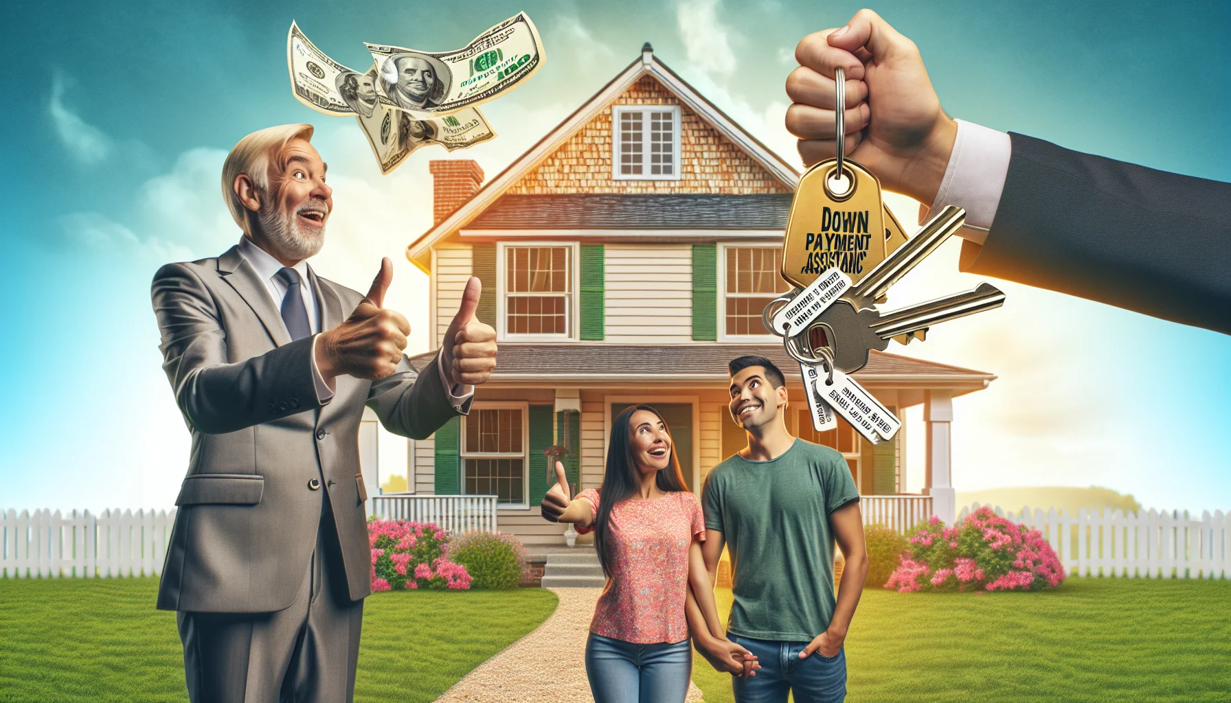 Create a humorous and realistic scene vividly illustrating how down payment assistance works in the ideal scenario regarding real-estate. Imagine a cheerful middle-aged Caucasian male realtor handing over a big set of shiny golden keys to an ecstatic young Hispanic couple standing in front of their charming, new cottage-style house. The keychain attached has tags representing different down payment assistance programs. In background, a massive thumbs up sign and a playful flying dollar bill with wings emphasizing the financial help received. Make sure the overall atmosphere is lively and colorful, reflecting the joy of owning a new home.