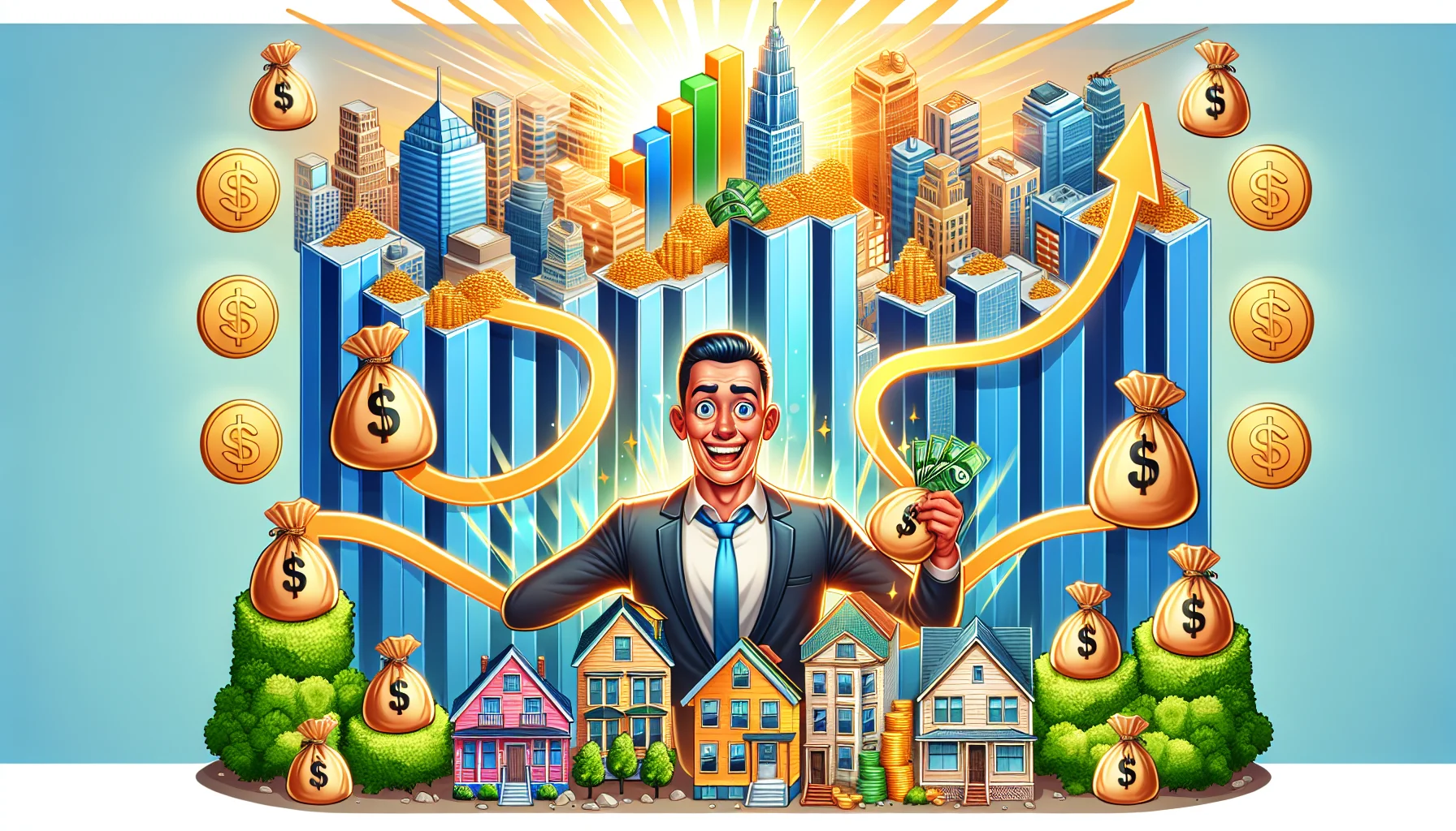 Create a humorous and realistic visual representation of an ideal scenario in real estate investing. The image can depict a vibrant cityscape with various types of property - from residential houses to commercial skyscrapers - emanating golden glow to signify high value. There should be arrows indicating a flow from an investor, a middle-aged Caucasian male, holding bags of money towards these buildings and then the arrows return with more bags of money. Intermingle all of this with cartoon-style indicators such as increasing bar graphs, dollar signs, and happy faces to add a funny twist to the scenario.