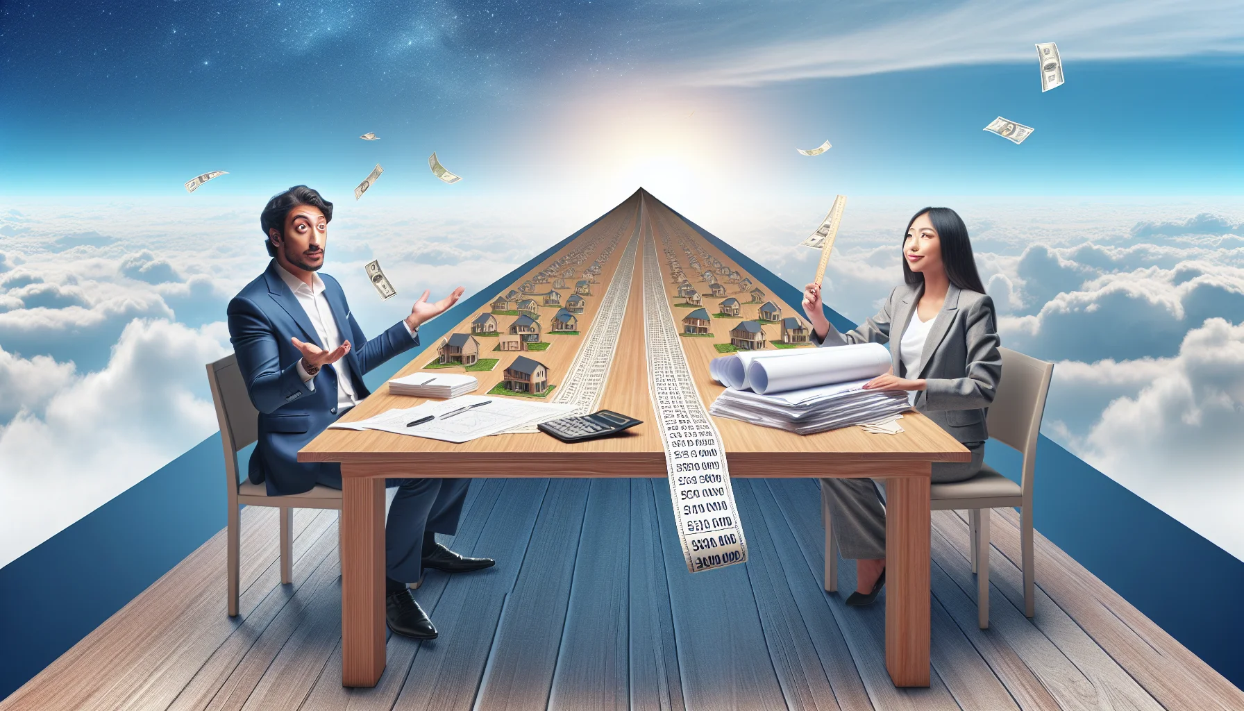 Picture an exaggerated humorous scene where a couple of people, a Middle-Eastern man who seems to understand complex financial equations and an Asian woman holding blueprints of a dream house, are sitting at a extremely long wooden table. The table stretches out into the horizon, seemingly infinite, representing the length of a home loan in an ideal real estate scenario. On the table, piles of paperwork, scales models of homes, and a calendar with pages flying off to symbolize years passing. The sky is bright, symbolising optimism.