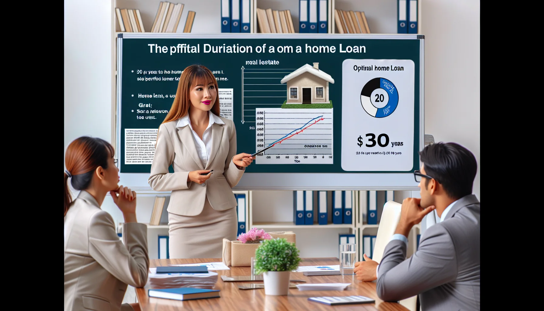 Create a humorous and realistic image that showcases the optimal duration of a home loan in an ideal real estate scenario. This image should consist of a brightly lit, well-decorated office with a South Asian female loan officer explaining the optimal home loan timeline. Other details can include a chart on a whiteboard showing the perfect scenario for a home loan (graph that indicates a span of 30 years as the optimal time), a table with finance books, and a couple of East Asian descent listening attentively.