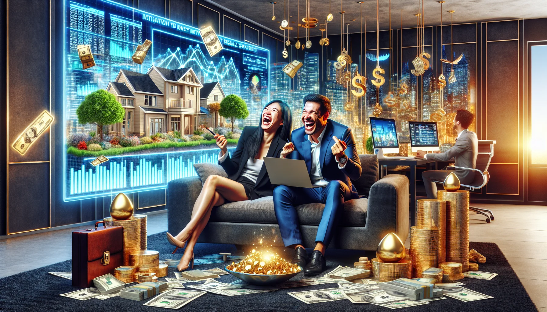 Imagine a humorous scene that demonstrates the ideal way to invest in real estate without actually purchasing property. Perhaps one could observe a South Asian woman and a Hispanic man, both sophisticated investors, sharing a hearty laugh while virtually flipping through a digital portfolio of properties on a futuristic hologram device. They're seated on a lush, comfortable couch in a chic, modern office space, surrounded by glowing reports of profitable investments. There are also metaphorical symbols strewn about the room, such as golden eggs in a nest and a tree growing money to symbolize the potential wealth their strategy can bring.