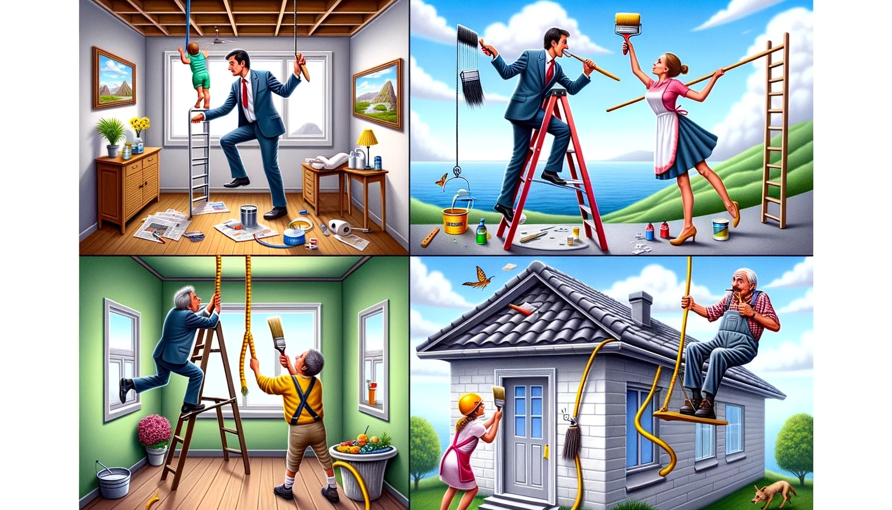 Create a humorous image that shows how to pass a four-point home inspection. In this playful scenario, envision four different rooms, each presenting a unique challenge. In the first room, a man in a suit is seen precariously balancing on a ladder, paintbrush in mouth, attempting to refresh the paint without spilling. In the second scene, a woman is seen wrestling a garden hose as she tries to clean the gutters. The third room features a group of children devising a pulley system to fix a sagging ceiling. The fourth scene features an elderly gentleman defying gravity and expectations by adhering to the roof to replace a missing tile.